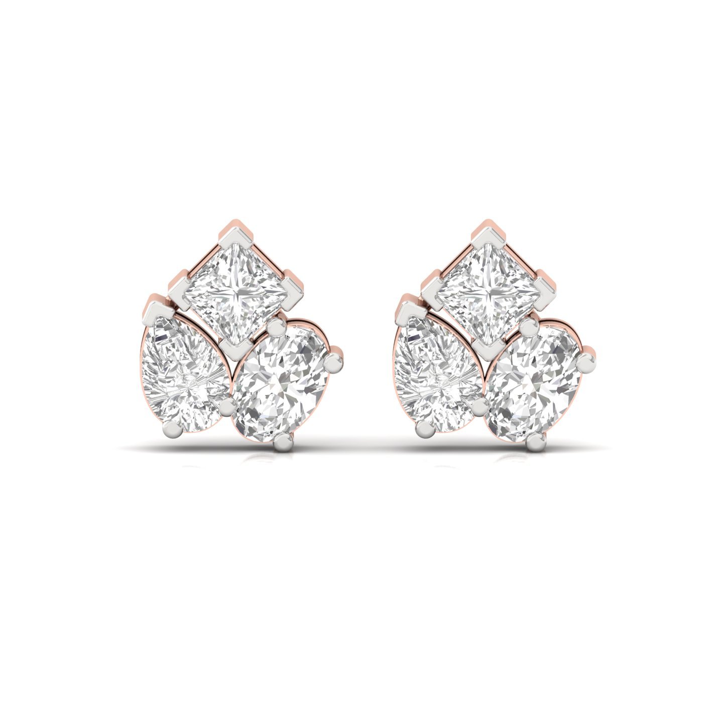 Mixed Cut Diamond Stud Earrings (1 Pair) | Oval, Pear & Princess Lab Grown CVD Diamond Trio Earrings | 925 Silver | 10K | 14K | 18K - View 2
