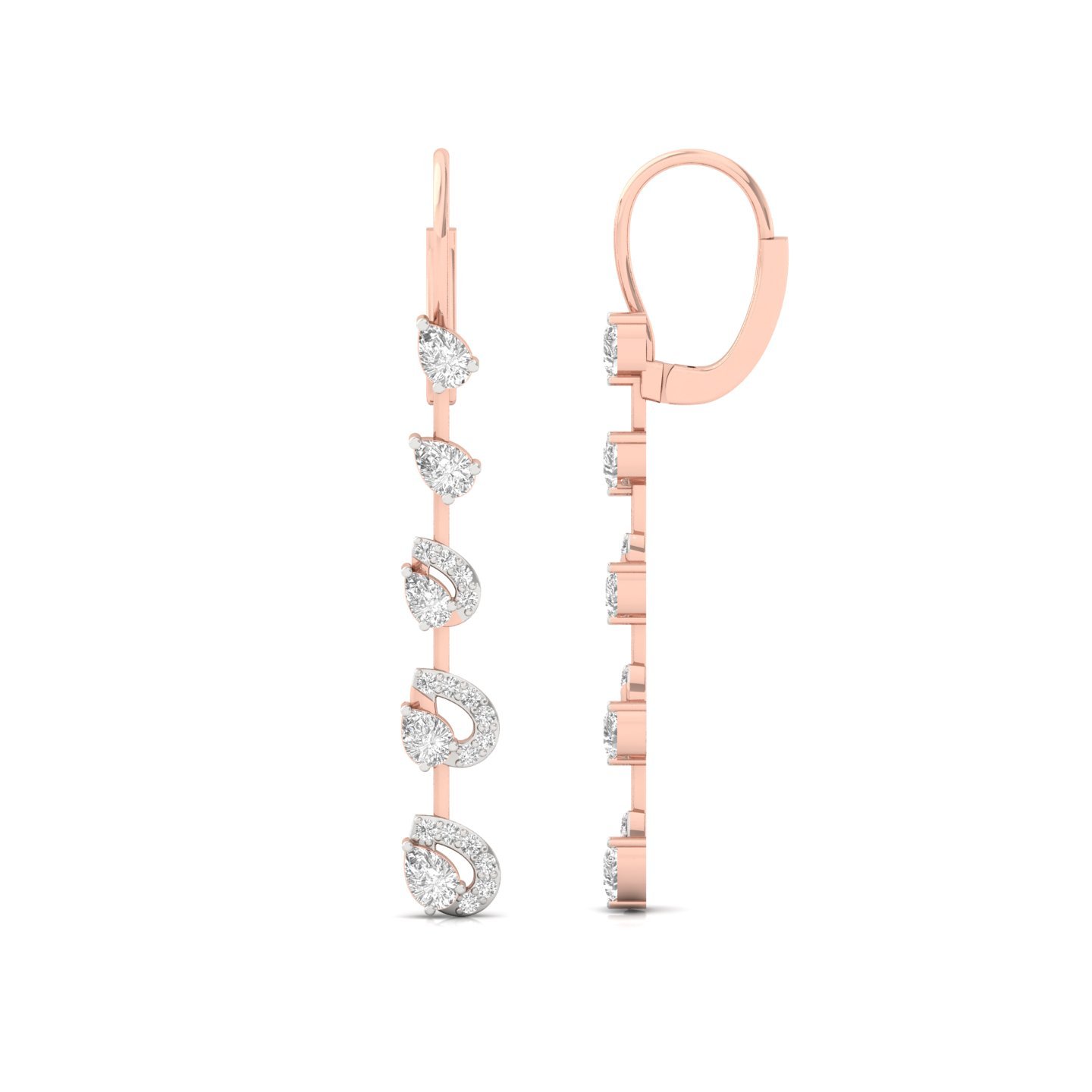 Pear & Round Cut Diamond Long Earrings (1 Pair) | Elegant Lab Grown CVD Diamond Drop Earrings | 925 Silver | 10K | 14K | 18K - Rose Gold Main View
