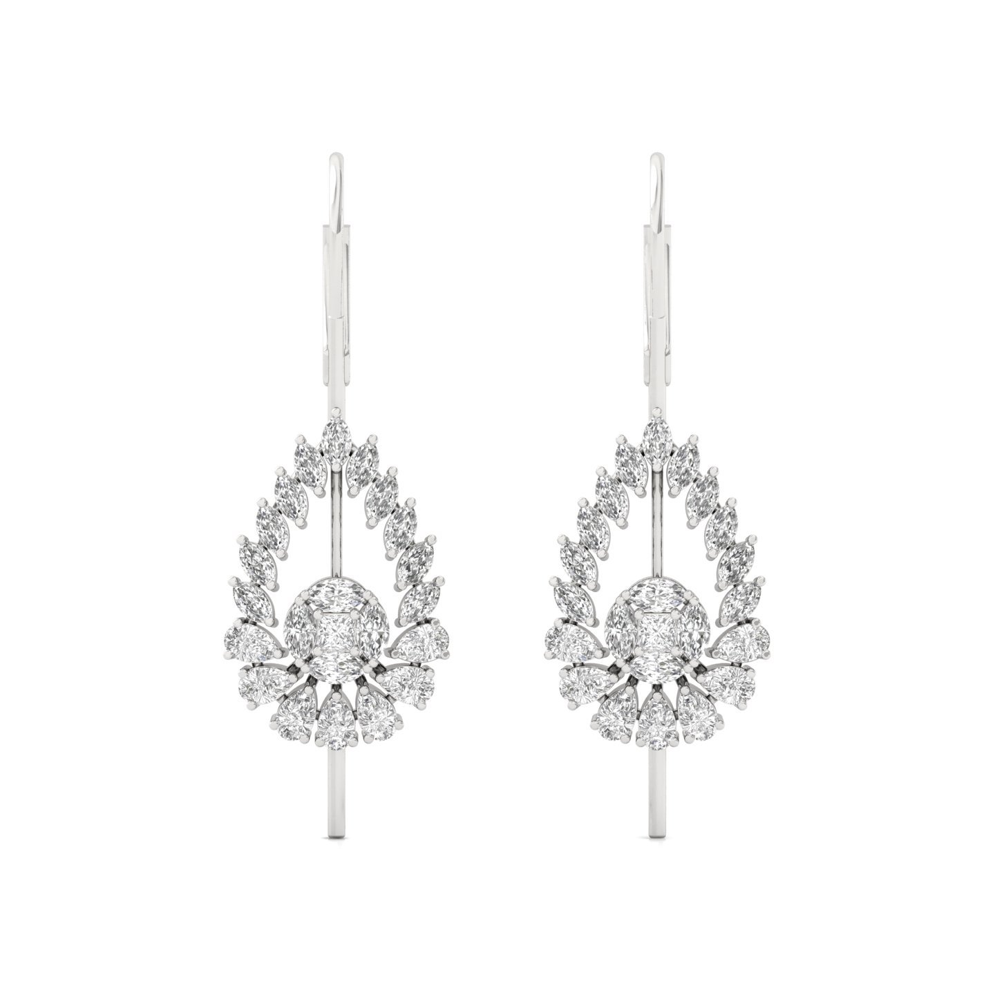 Tear-Drop Floral Diamond Long Earrings (1 Pair) | Lab Grown CVD Diamond Princess, Pear & Marquise Cut Drops | 925 Silver | 10K | 14K | 18K - View 2