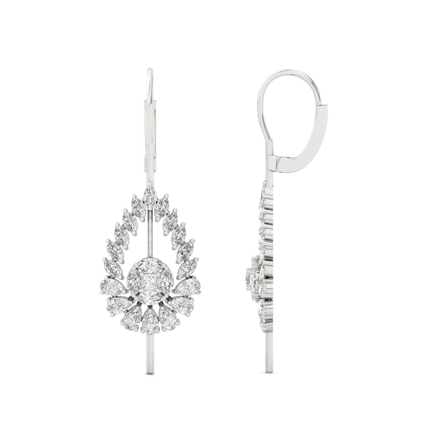 Tear-Drop Floral Diamond Long Earrings (1 Pair) | Lab Grown CVD Diamond Princess, Pear & Marquise Cut Drops | 925 Silver | 10K | 14K | 18K - Main View