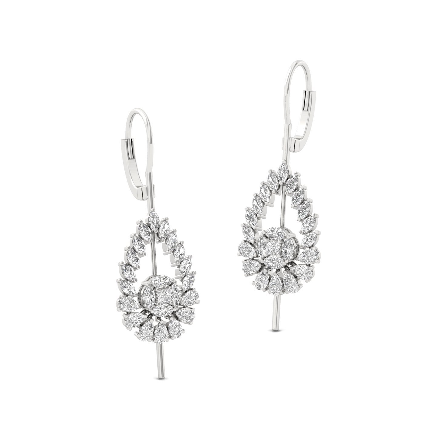 Tear-Drop Floral Diamond Long Earrings (1 Pair) | Lab Grown CVD Diamond Princess, Pear & Marquise Cut Drops | 925 Silver | 10K | 14K | 18K - View 3