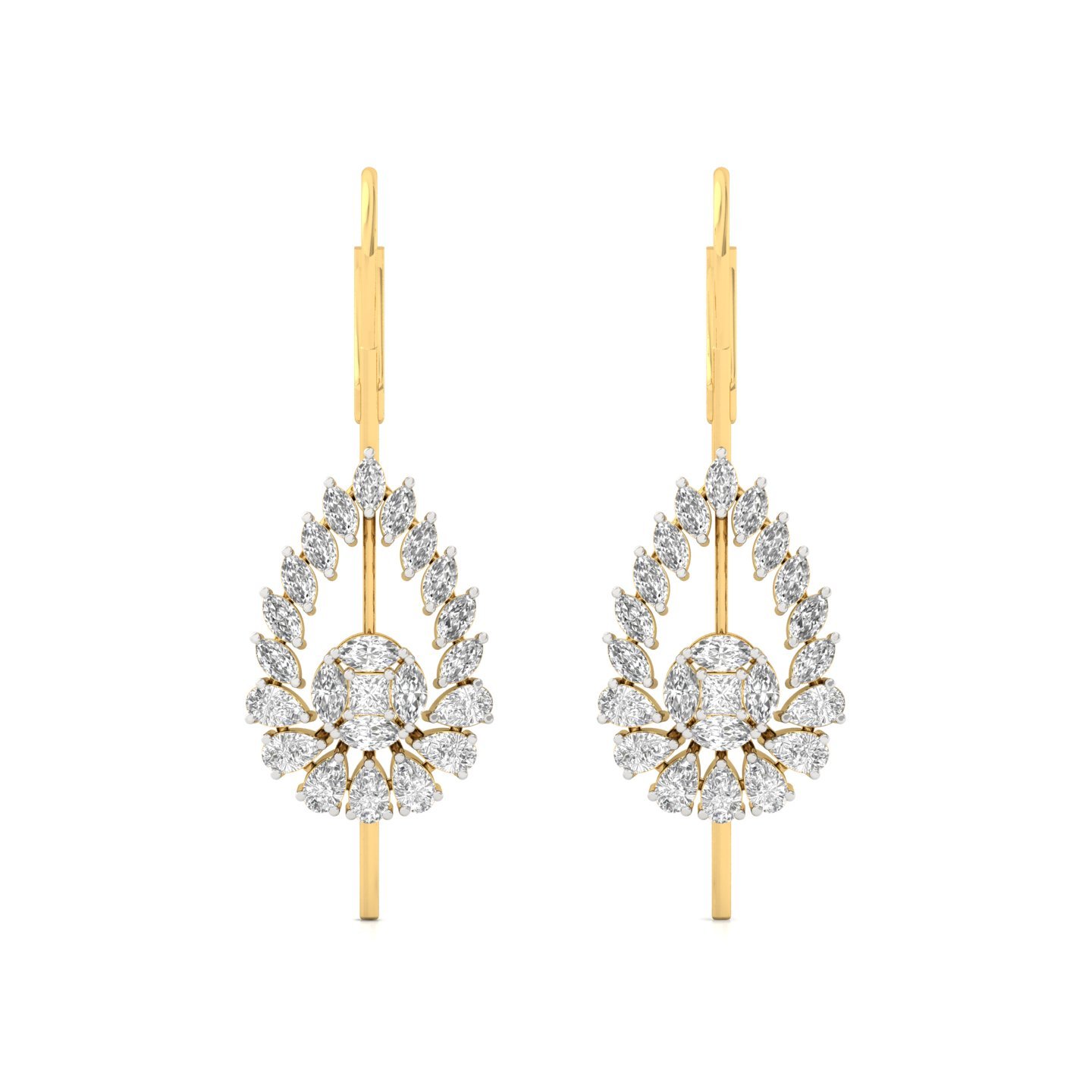 Tear-Drop Floral Diamond Long Earrings (1 Pair) | Lab Grown CVD Diamond Princess, Pear & Marquise Cut Drops | 925 Silver | 10K | 14K | 18K - View 2