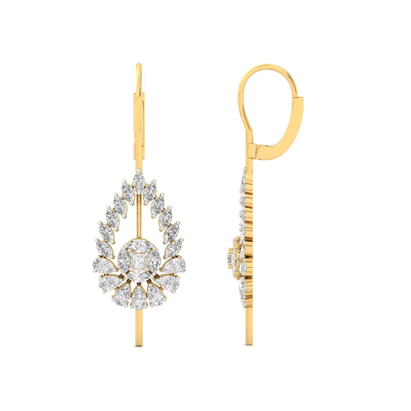 Tear-Drop Floral Diamond Long Earrings (1 Pair) | Lab Grown CVD Diamond Princess, Pear & Marquise Cut Drops | 925 Silver | 10K | 14K | 18K - Gold Main View