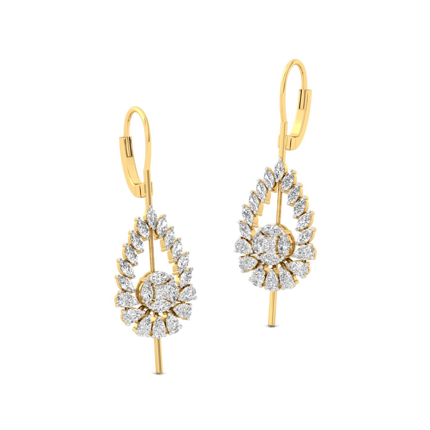 Tear-Drop Floral Diamond Long Earrings (1 Pair) | Lab Grown CVD Diamond Princess, Pear & Marquise Cut Drops | 925 Silver | 10K | 14K | 18K - View 3