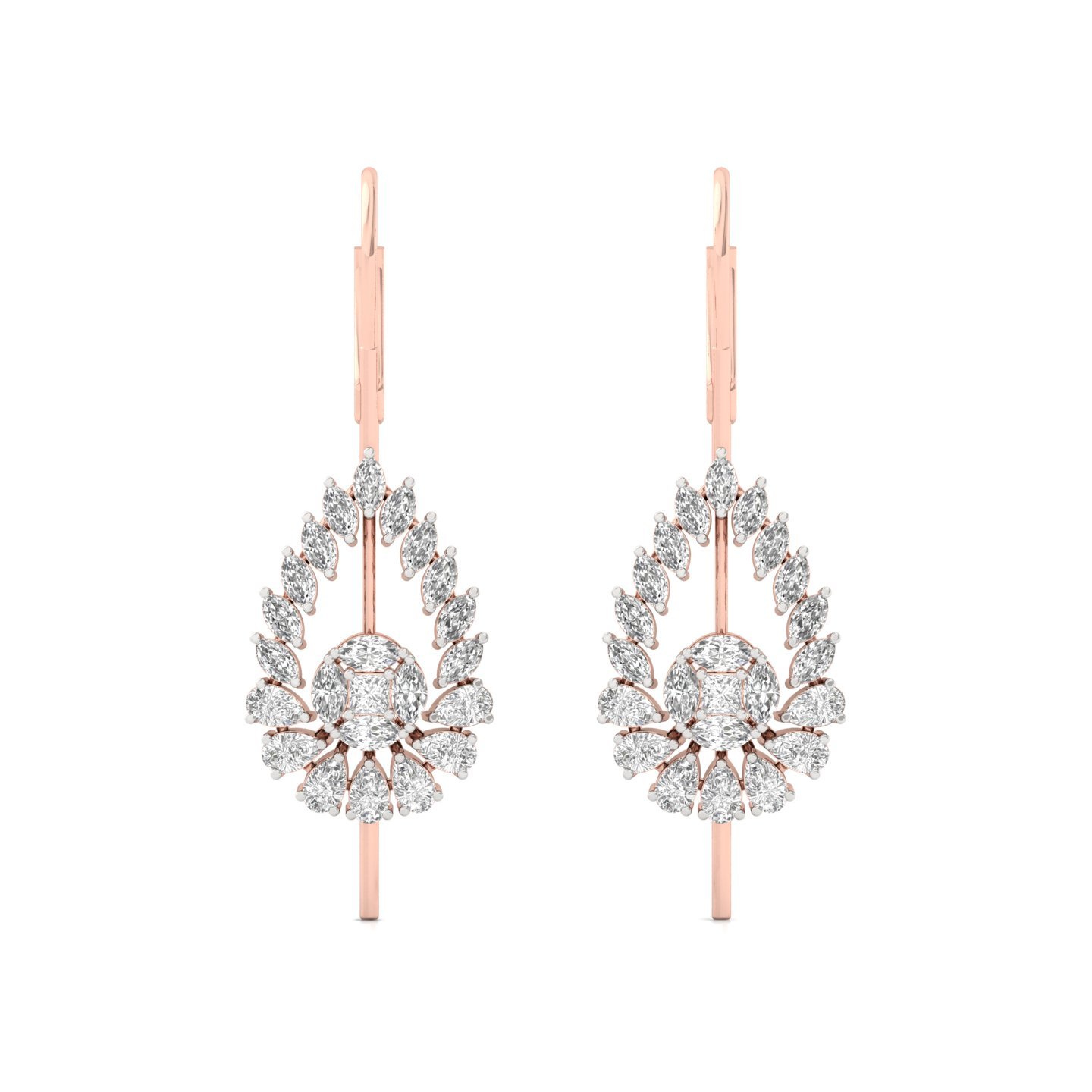 Tear-Drop Floral Diamond Long Earrings (1 Pair) | Lab Grown CVD Diamond Princess, Pear & Marquise Cut Drops | 925 Silver | 10K | 14K | 18K - View 2