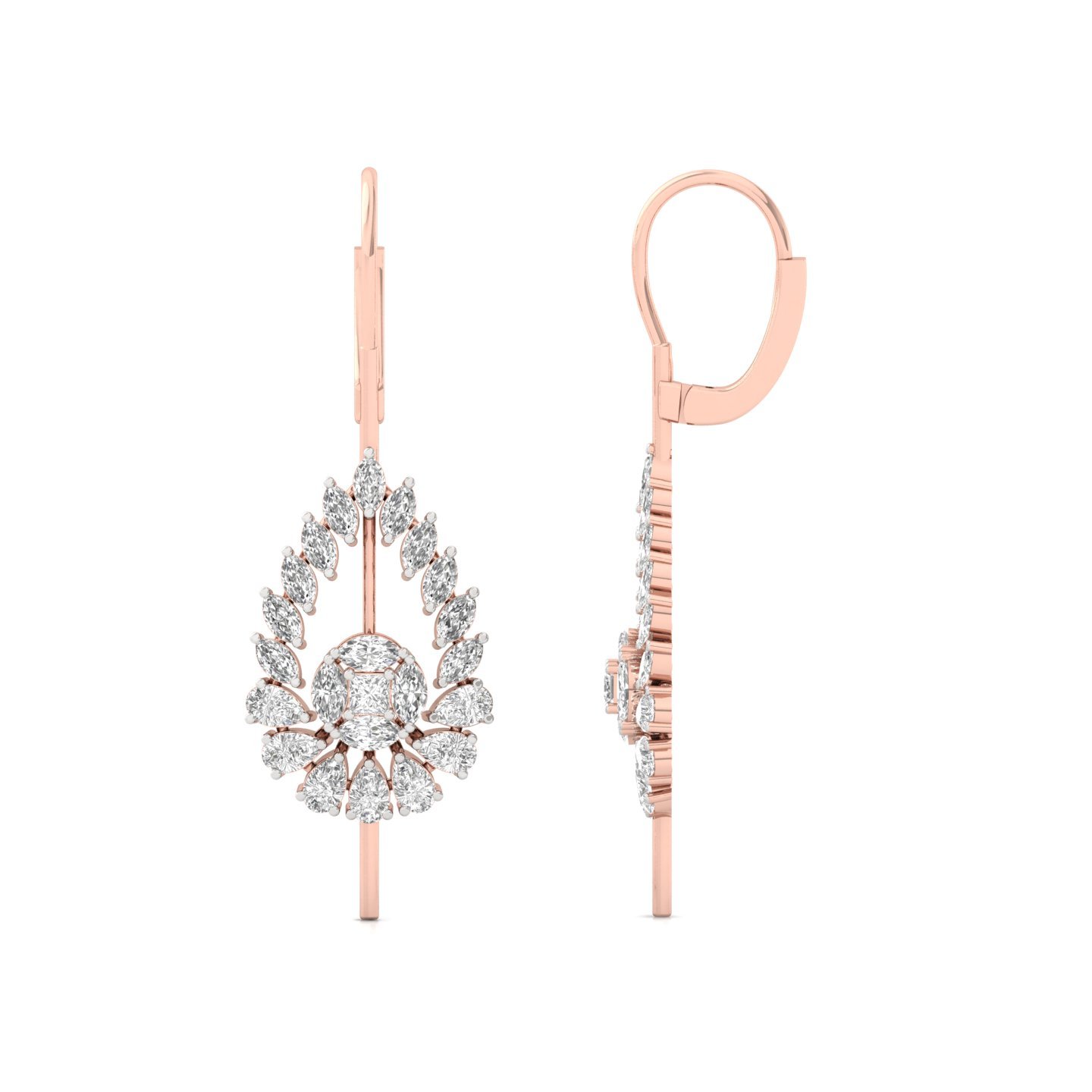 Tear-Drop Floral Diamond Long Earrings (1 Pair) | Lab Grown CVD Diamond Princess, Pear & Marquise Cut Drops | 925 Silver | 10K | 14K | 18K - Rose Gold Main View
