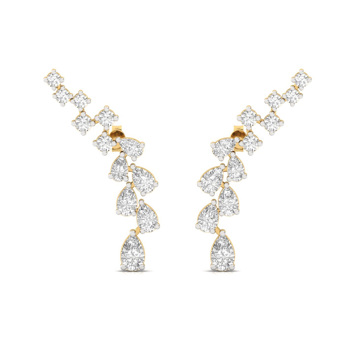 Pear & Round Cut Diamond Curved Drop Earrings (1 Pair) | Elegant Lab Grown CVD Diamond Statement Earrings | 925 Silver | 10K | 14K | 18K - View 2