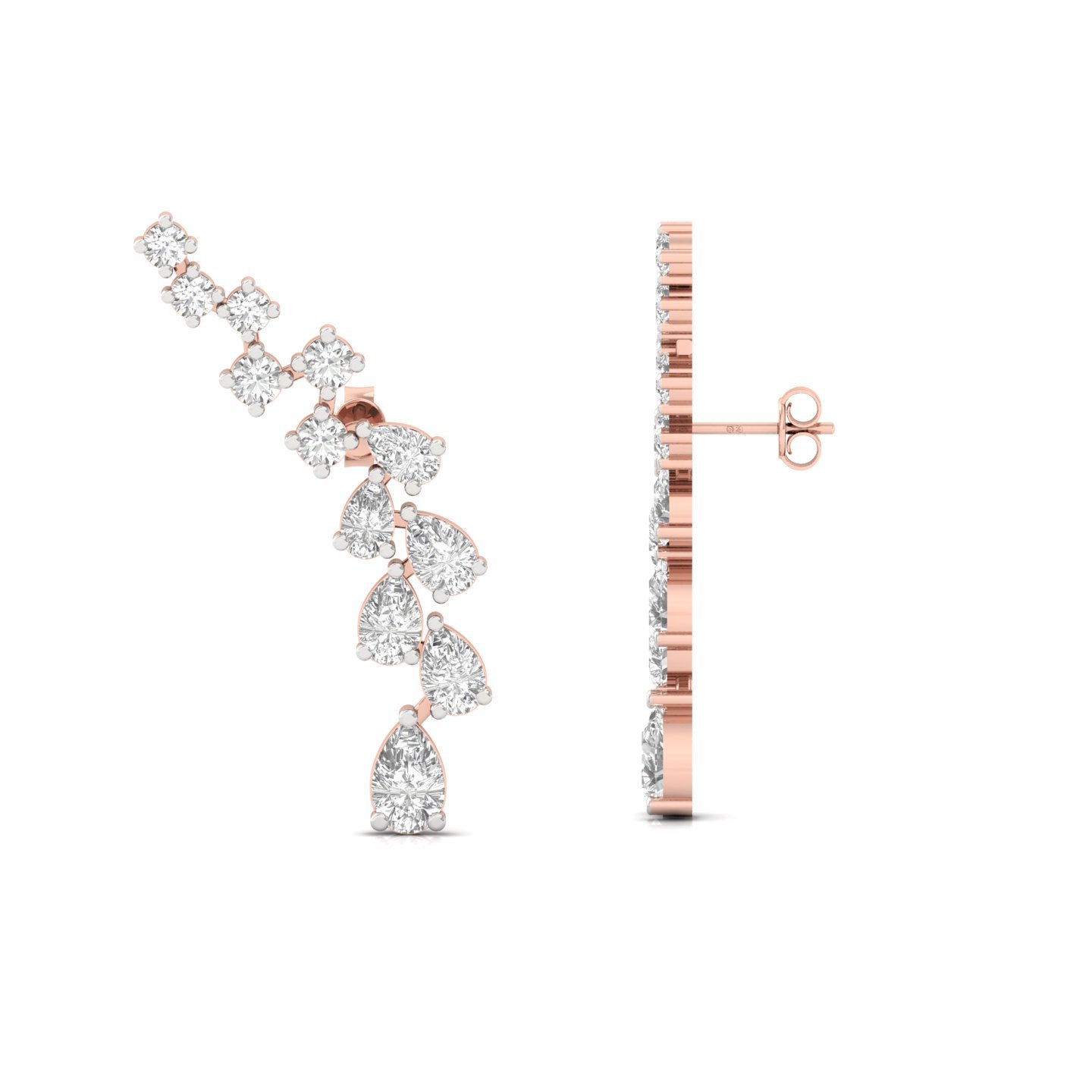 Pear & Round Cut Diamond Curved Drop Earrings (1 Pair) | Elegant Lab Grown CVD Diamond Statement Earrings | 925 Silver | 10K | 14K | 18K - Rose Gold Main View
