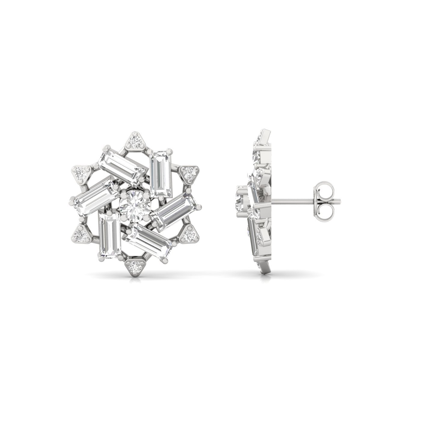Baguette & Round Cut Diamond Floral Stud Earrings (1 Pair) | Lab Grown CVD Diamond Designer Earrings | 925 Silver | 10K | 14K | 18K - Main View