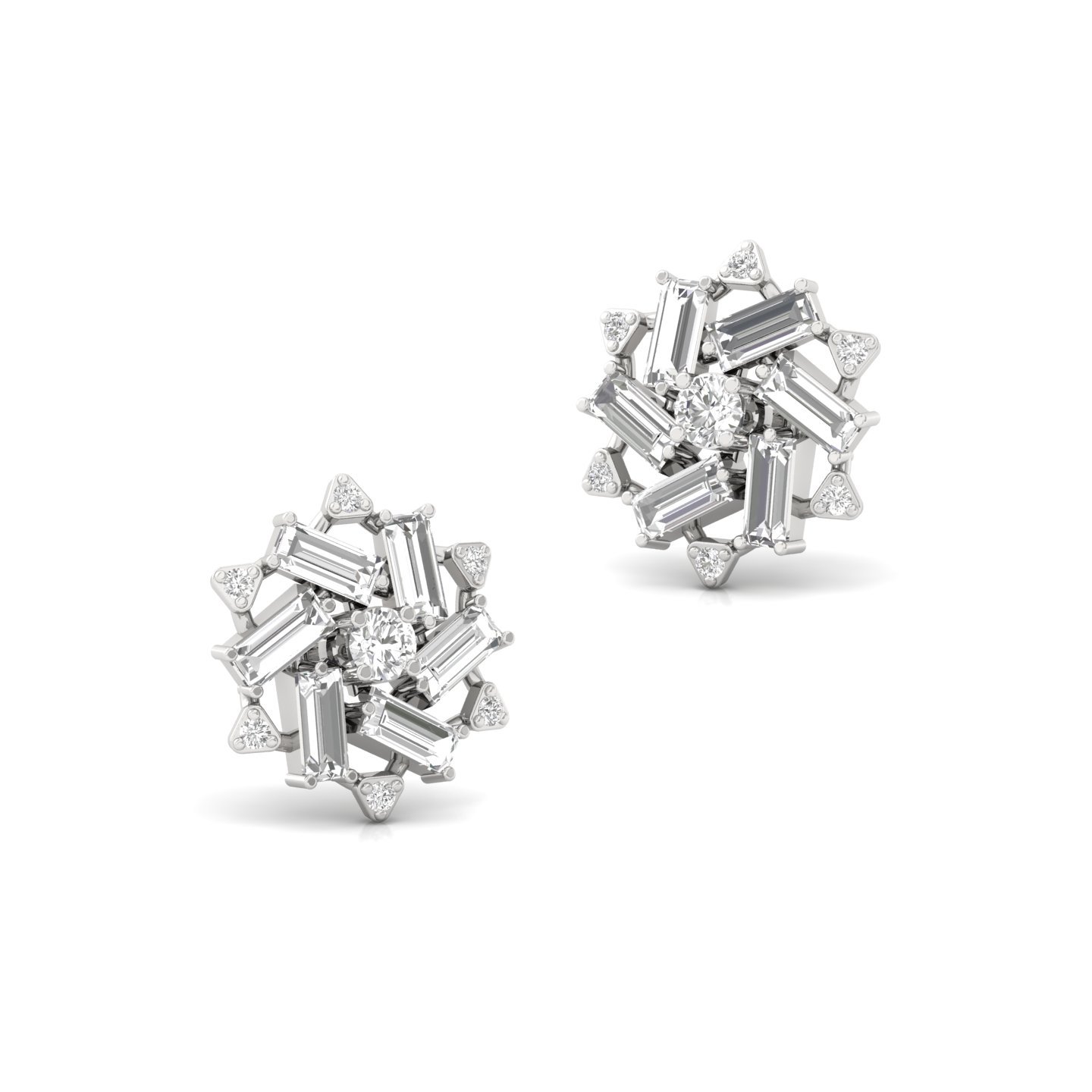 Baguette & Round Cut Diamond Floral Stud Earrings (1 Pair) | Lab Grown CVD Diamond Designer Earrings | 925 Silver | 10K | 14K | 18K - View 3