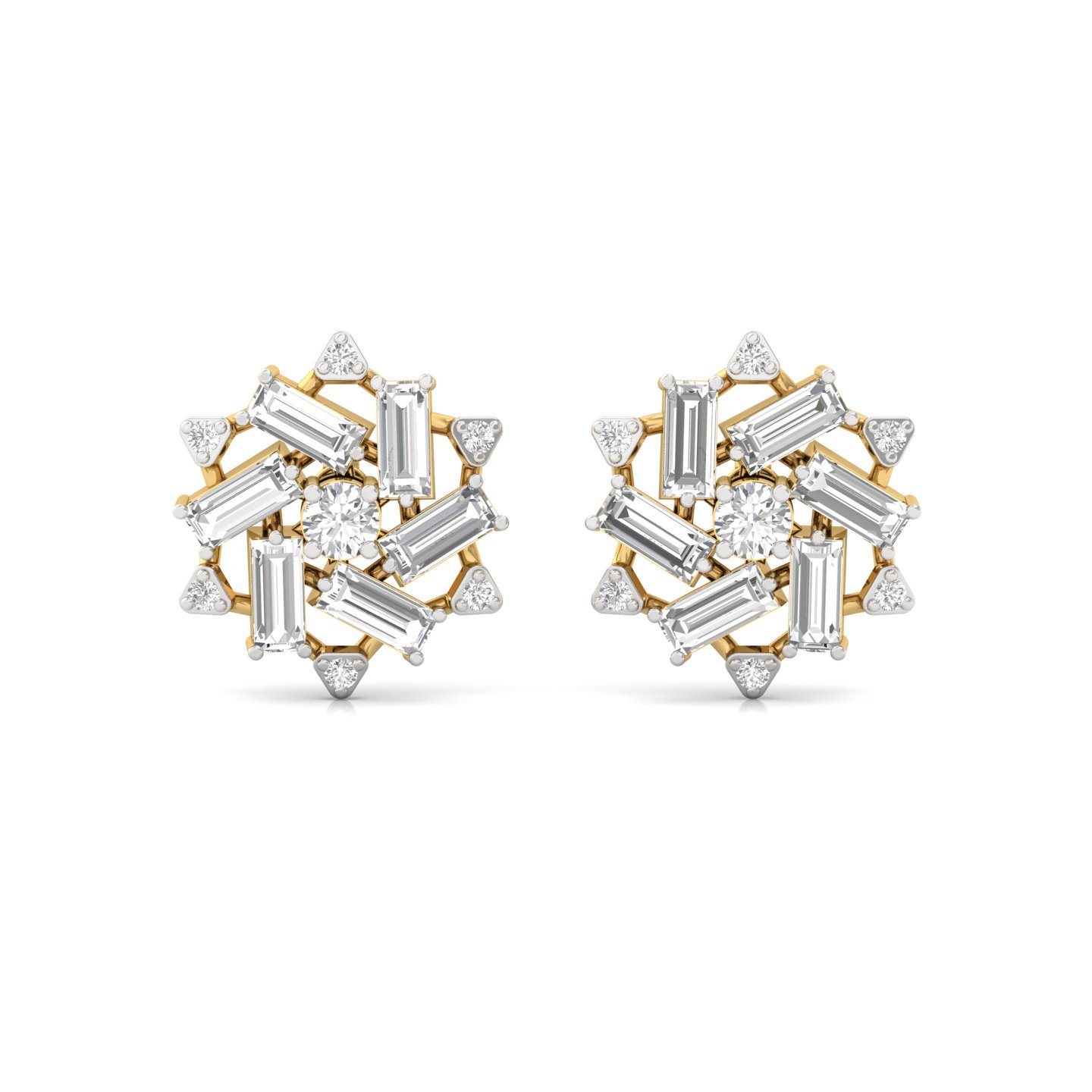 Baguette & Round Cut Diamond Floral Stud Earrings (1 Pair) | Lab Grown CVD Diamond Designer Earrings | 925 Silver | 10K | 14K | 18K - View 2