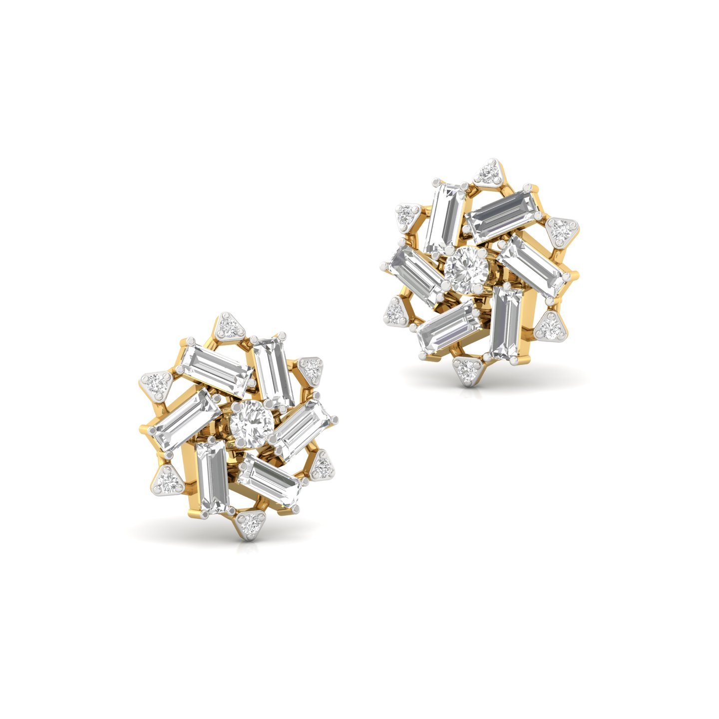 Baguette & Round Cut Diamond Floral Stud Earrings (1 Pair) | Lab Grown CVD Diamond Designer Earrings | 925 Silver | 10K | 14K | 18K - View 3