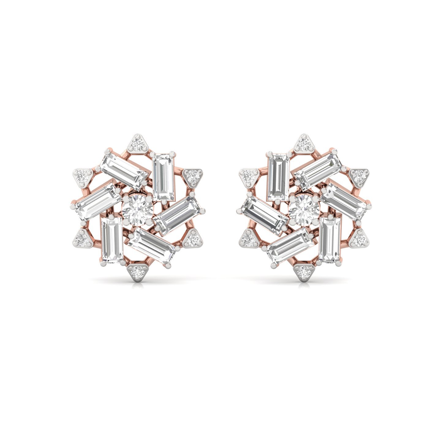 Baguette & Round Cut Diamond Floral Stud Earrings (1 Pair) | Lab Grown CVD Diamond Designer Earrings | 925 Silver | 10K | 14K | 18K - View 2