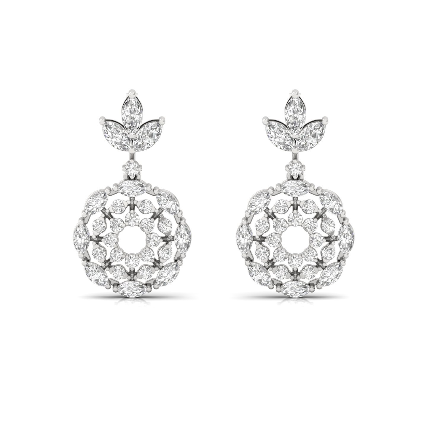 Round & Marquise Cut Diamond Floral Drop Earrings (1 Pair) | Lab Grown CVD Diamond Designer Earrings | 925 Silver | 10K | 14K | 18K - View 2