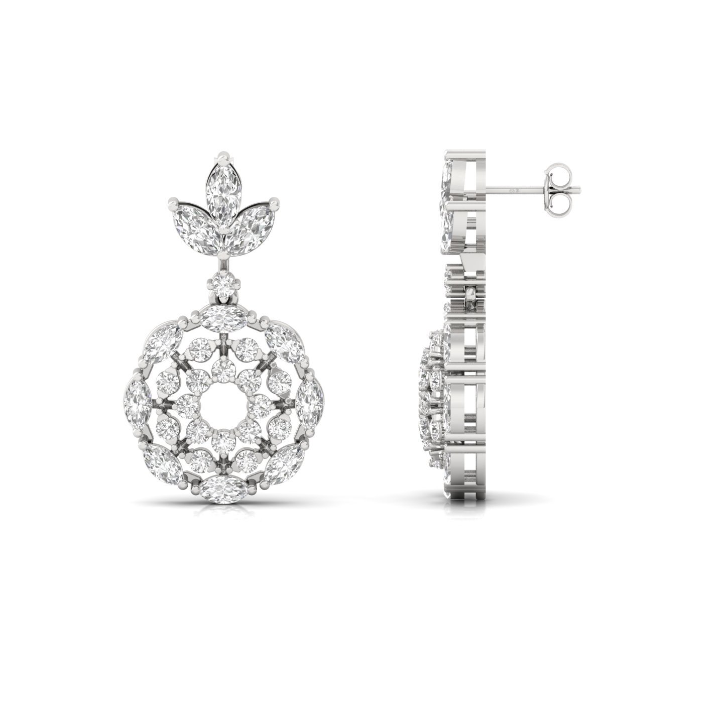 Round & Marquise Cut Diamond Floral Drop Earrings (1 Pair) | Lab Grown CVD Diamond Designer Earrings | 925 Silver | 10K | 14K | 18K - Main View