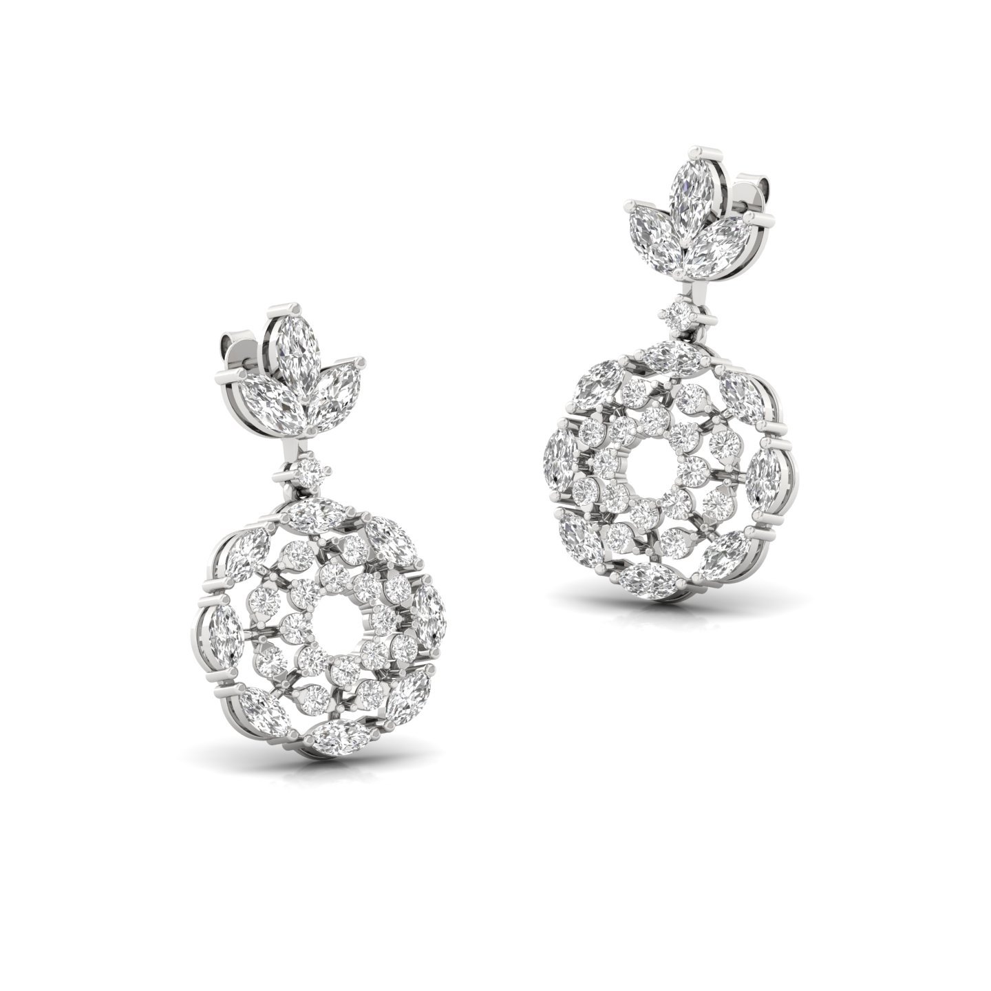 Round & Marquise Cut Diamond Floral Drop Earrings (1 Pair) | Lab Grown CVD Diamond Designer Earrings | 925 Silver | 10K | 14K | 18K - View 3