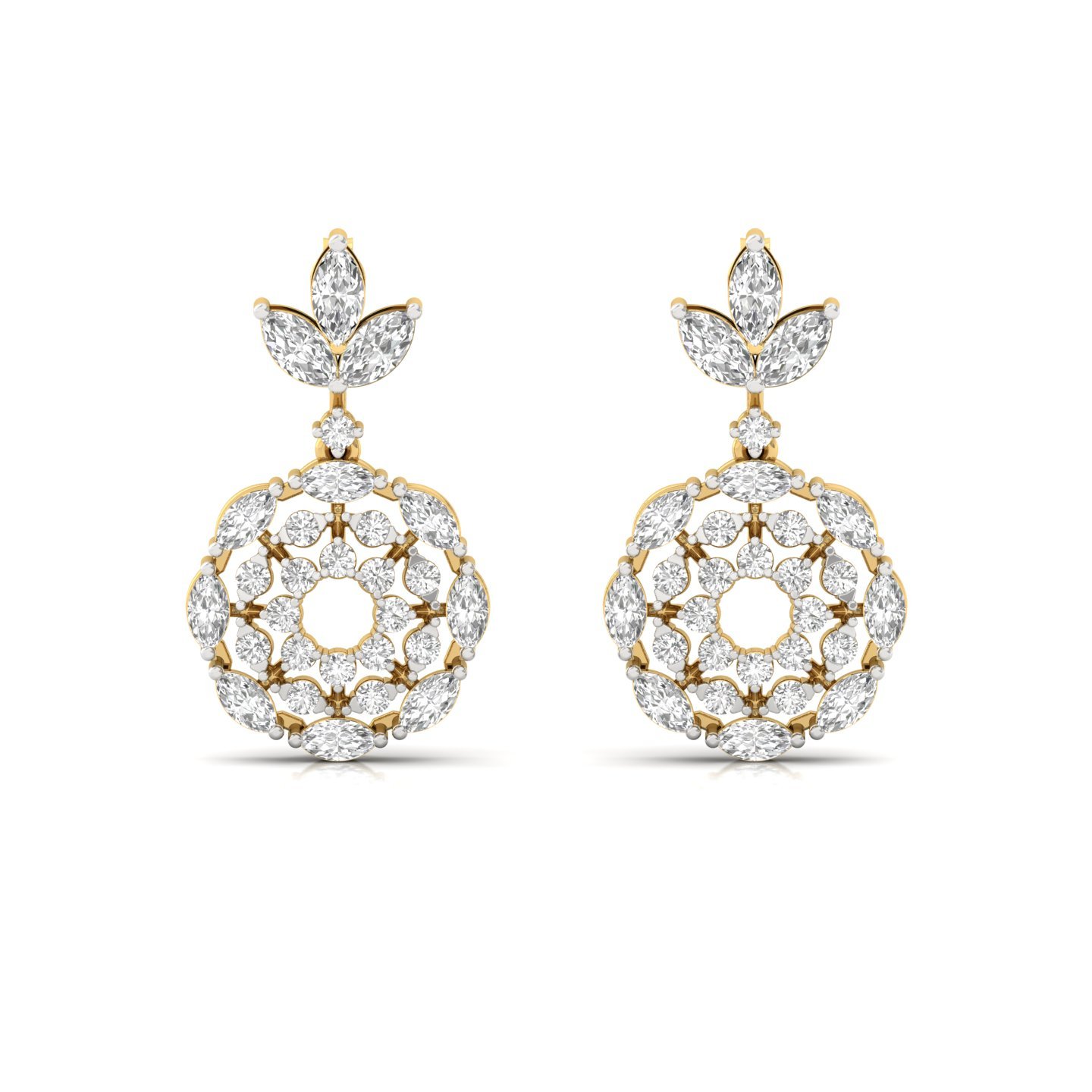 Round & Marquise Cut Diamond Floral Drop Earrings (1 Pair) | Lab Grown CVD Diamond Designer Earrings | 925 Silver | 10K | 14K | 18K - View 2