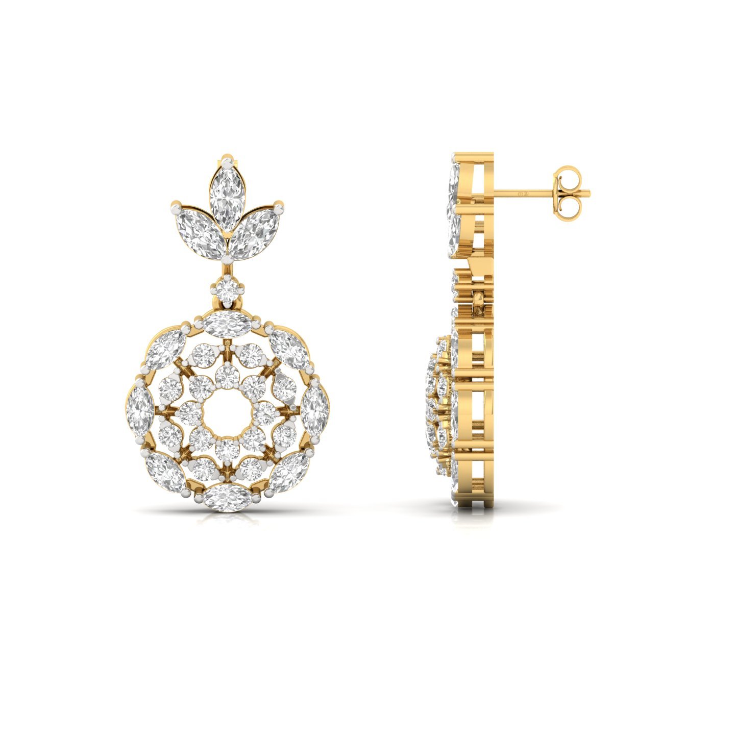 Round & Marquise Cut Diamond Floral Drop Earrings (1 Pair) | Lab Grown CVD Diamond Designer Earrings | 925 Silver | 10K | 14K | 18K - Gold Main View