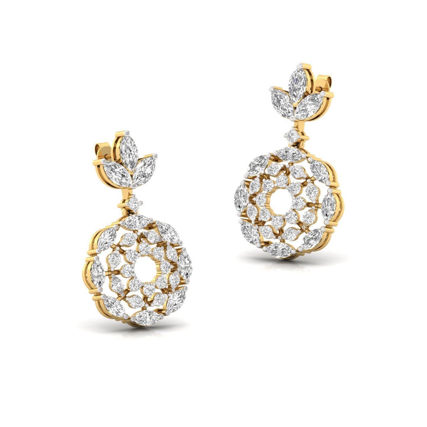 Round & Marquise Cut Diamond Floral Drop Earrings (1 Pair) | Lab Grown CVD Diamond Designer Earrings | 925 Silver | 10K | 14K | 18K - View 3