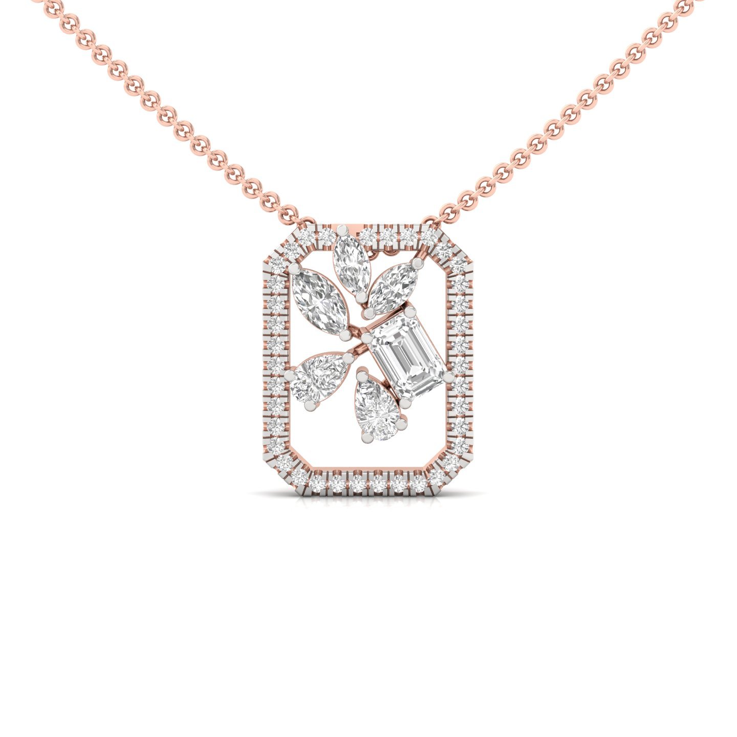 Multi Shape Diamond Geometric Pendant | Emerald, Marquise, Pear & Round Lab Grown CVD Diamond Necklace | 925 Silver | 10K | 14K | 18K (With Chain) - Rose Gold Main View