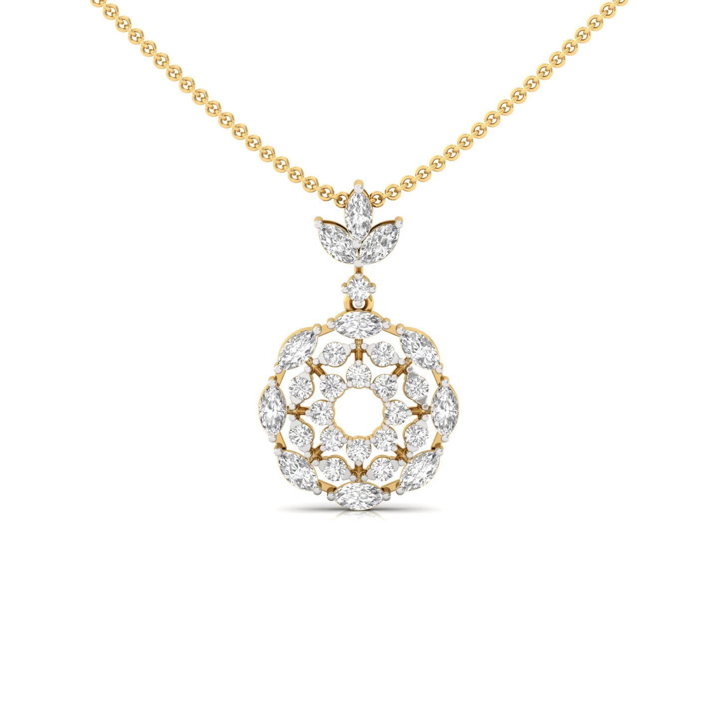 Floral Halo Diamond Pendant | Marquise & Round Lab Grown CVD Diamond Necklace | 925 Silver | 10K | 14K | 18K (With Chain) - Gold Main View