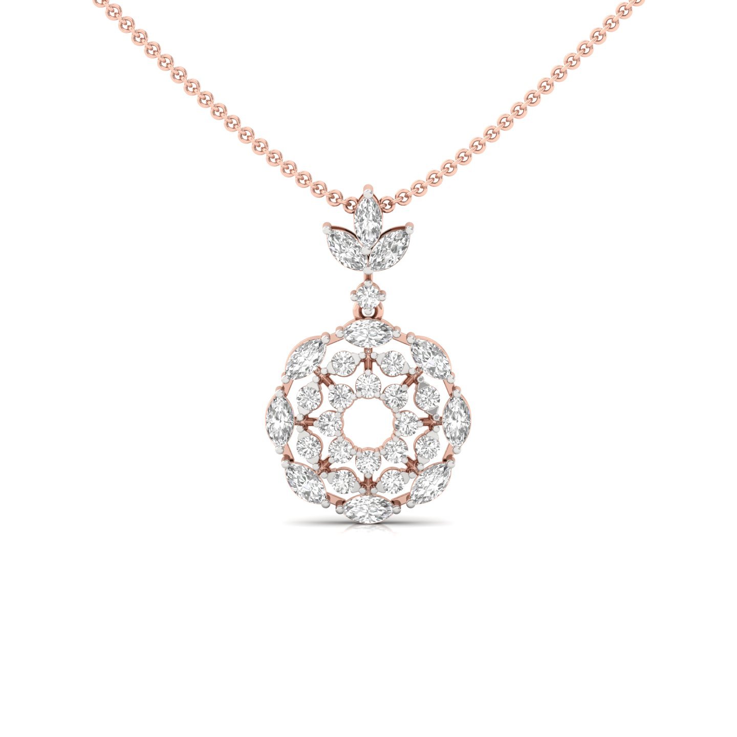Floral Halo Diamond Pendant | Marquise & Round Lab Grown CVD Diamond Necklace | 925 Silver | 10K | 14K | 18K (With Chain) - Rose Gold Main View