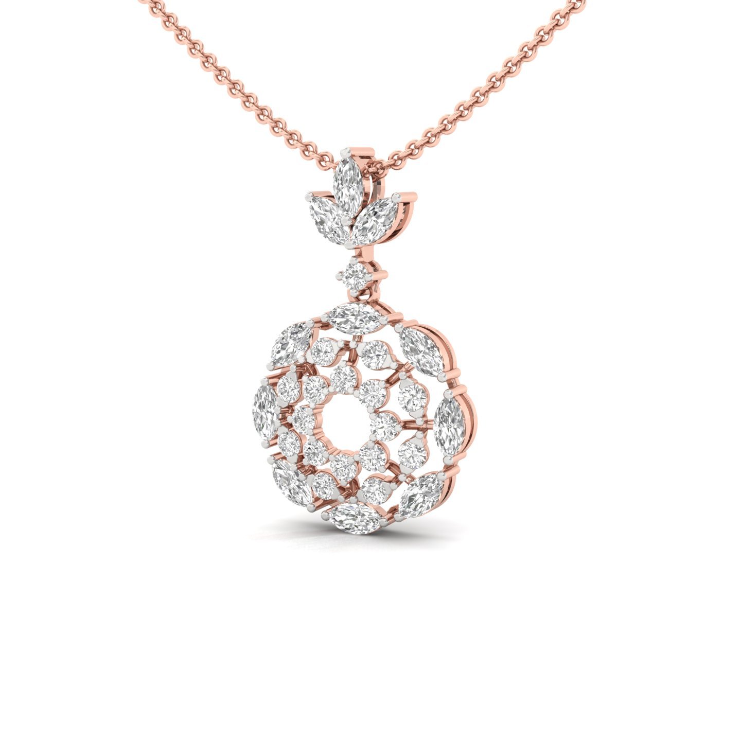 Floral Halo Diamond Pendant | Marquise & Round Lab Grown CVD Diamond Necklace | 925 Silver | 10K | 14K | 18K (With Chain) - View 2