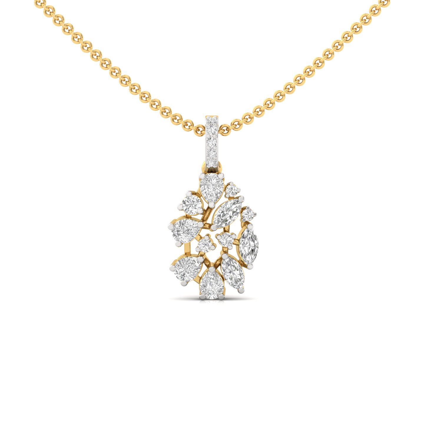 Leaf Cluster Diamond Pendant | Marquise, Pear & Round Lab Grown CVD Diamond Necklace | 925 Silver | 10K | 14K | 18K (With Chain) - Gold Main View