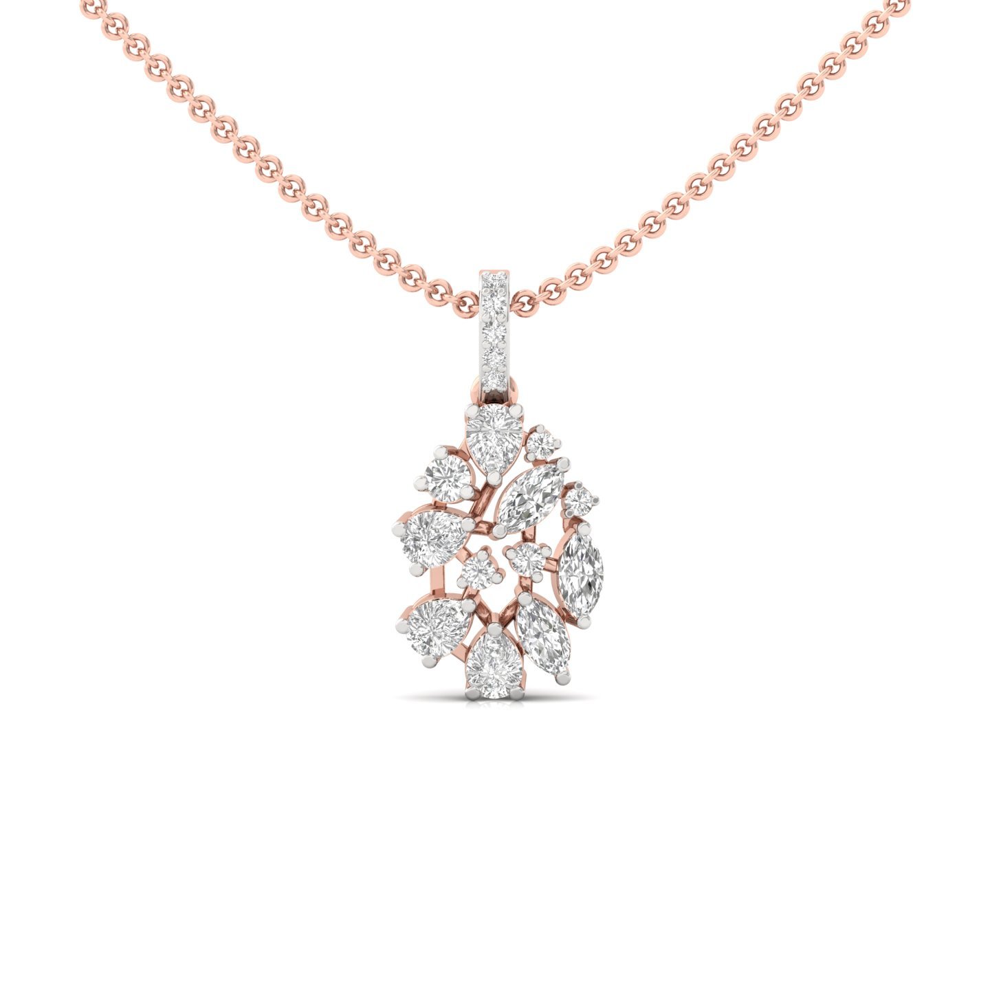 Leaf Cluster Diamond Pendant | Marquise, Pear & Round Lab Grown CVD Diamond Necklace | 925 Silver | 10K | 14K | 18K (With Chain) - Rose Gold Main View