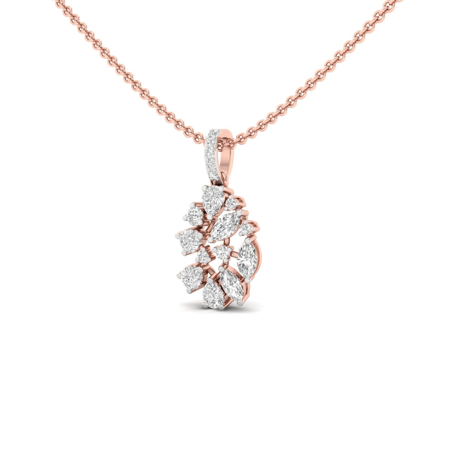 Leaf Cluster Diamond Pendant | Marquise, Pear & Round Lab Grown CVD Diamond Necklace | 925 Silver | 10K | 14K | 18K (With Chain) - View 2