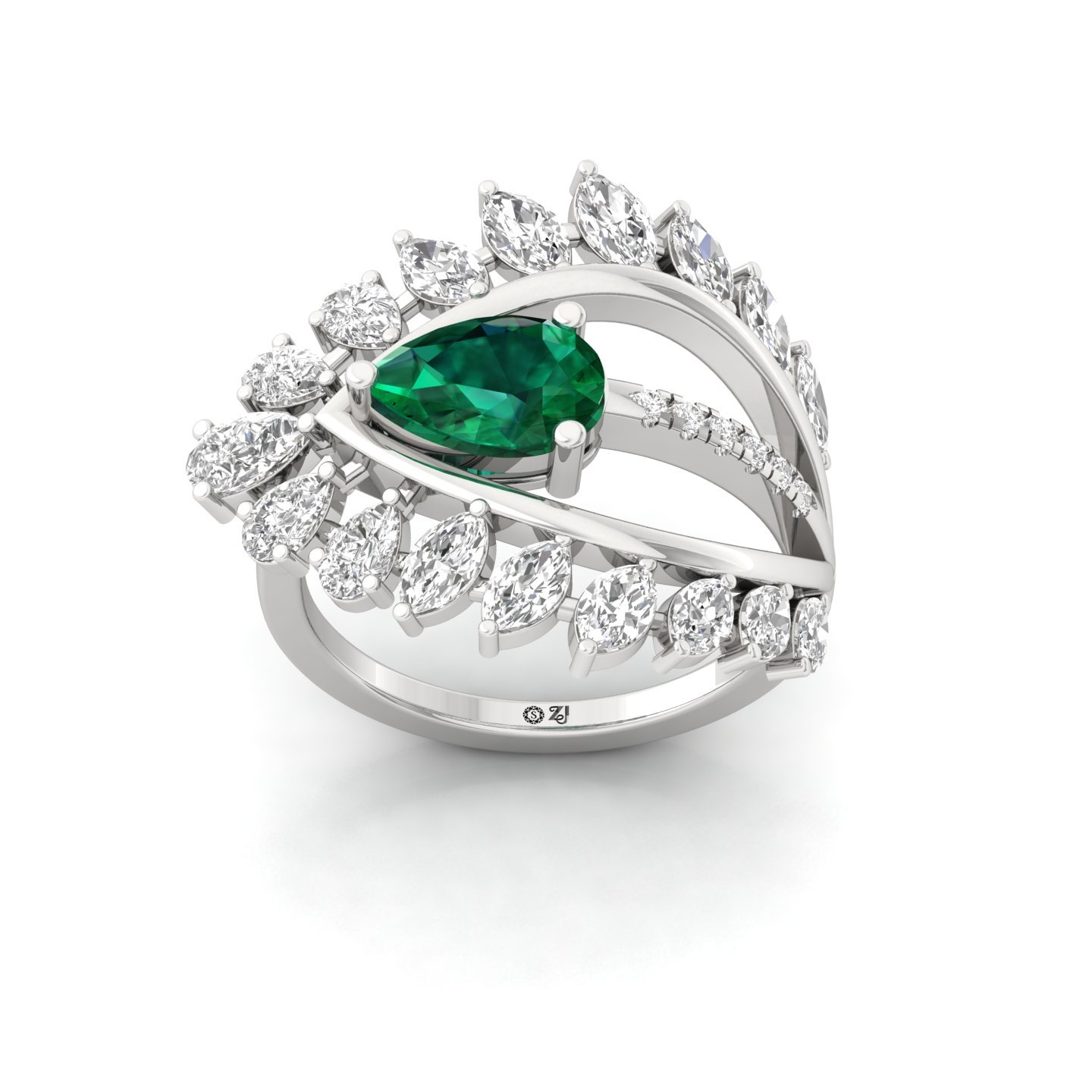 Pear & Marquise Cluster Diamond Ring with Green Center Stone | Statement Lab Grown CVD Diamond Cocktail Ring | 925 Silver | 10K | 14K | 18K - Main View