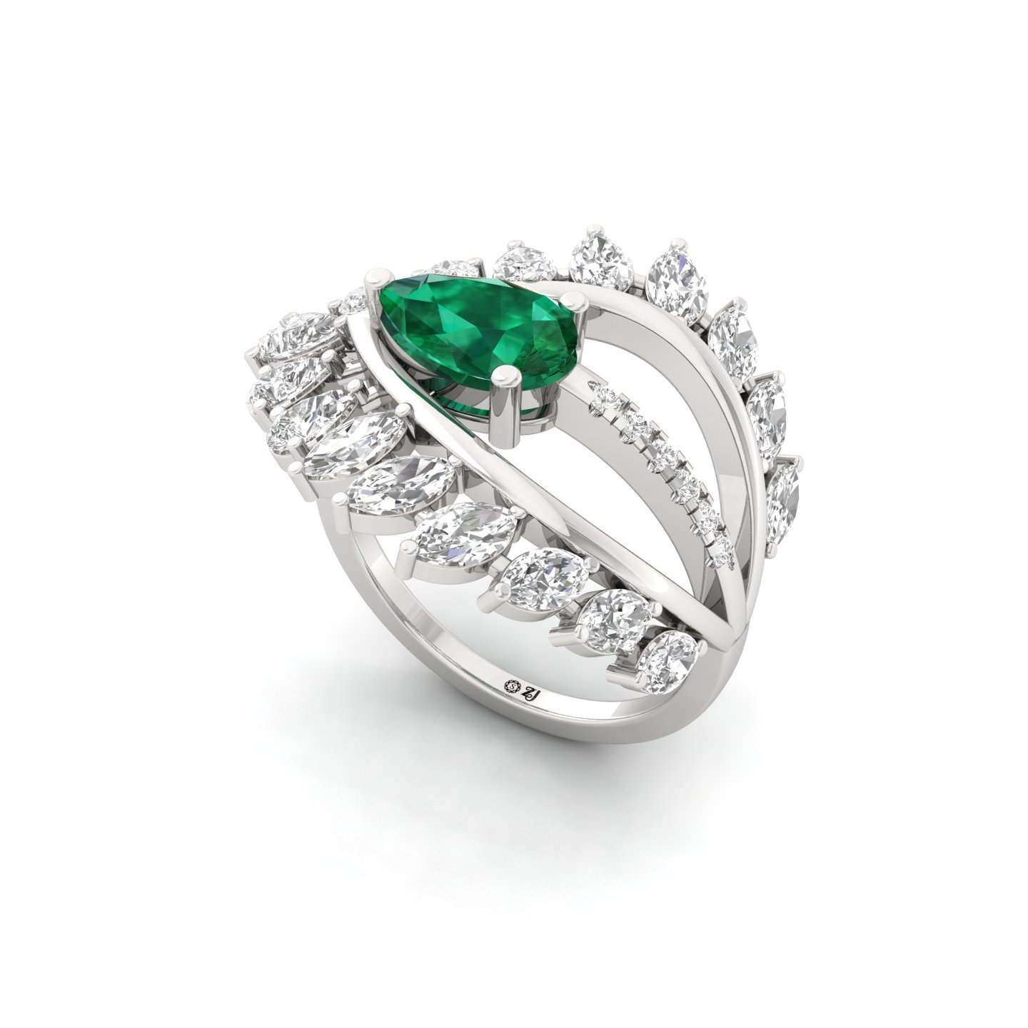 Pear & Marquise Cluster Diamond Ring with Green Center Stone | Statement Lab Grown CVD Diamond Cocktail Ring | 925 Silver | 10K | 14K | 18K - View 2
