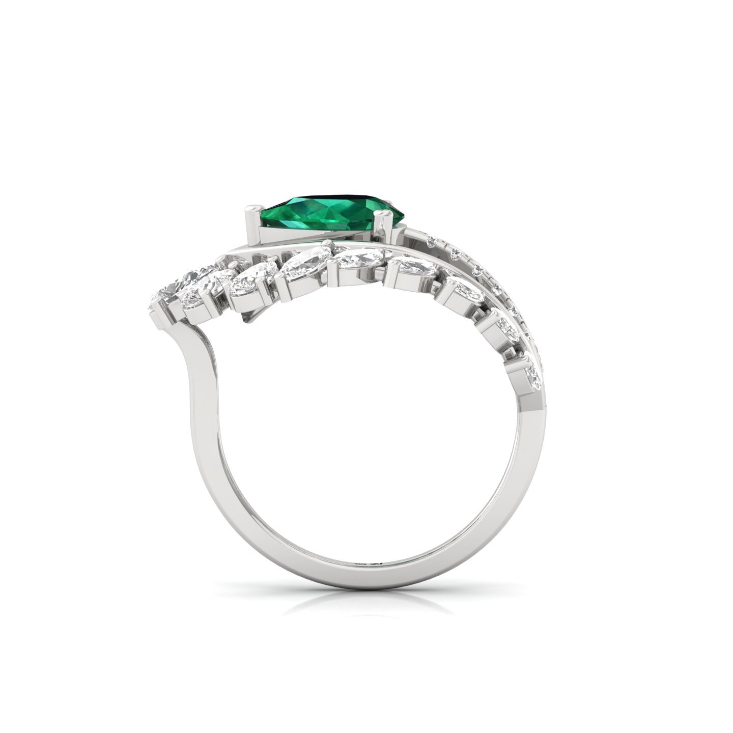 Pear & Marquise Cluster Diamond Ring with Green Center Stone | Statement Lab Grown CVD Diamond Cocktail Ring | 925 Silver | 10K | 14K | 18K - View 3
