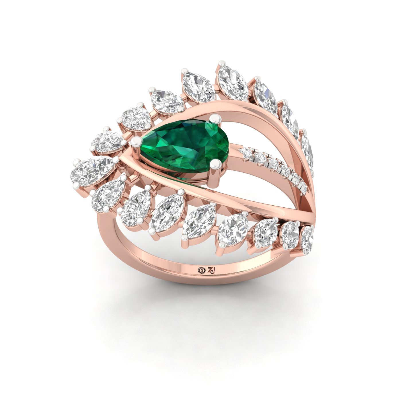Pear & Marquise Cluster Diamond Ring with Green Center Stone | Statement Lab Grown CVD Diamond Cocktail Ring | 925 Silver | 10K | 14K | 18K - Rose Gold Main View