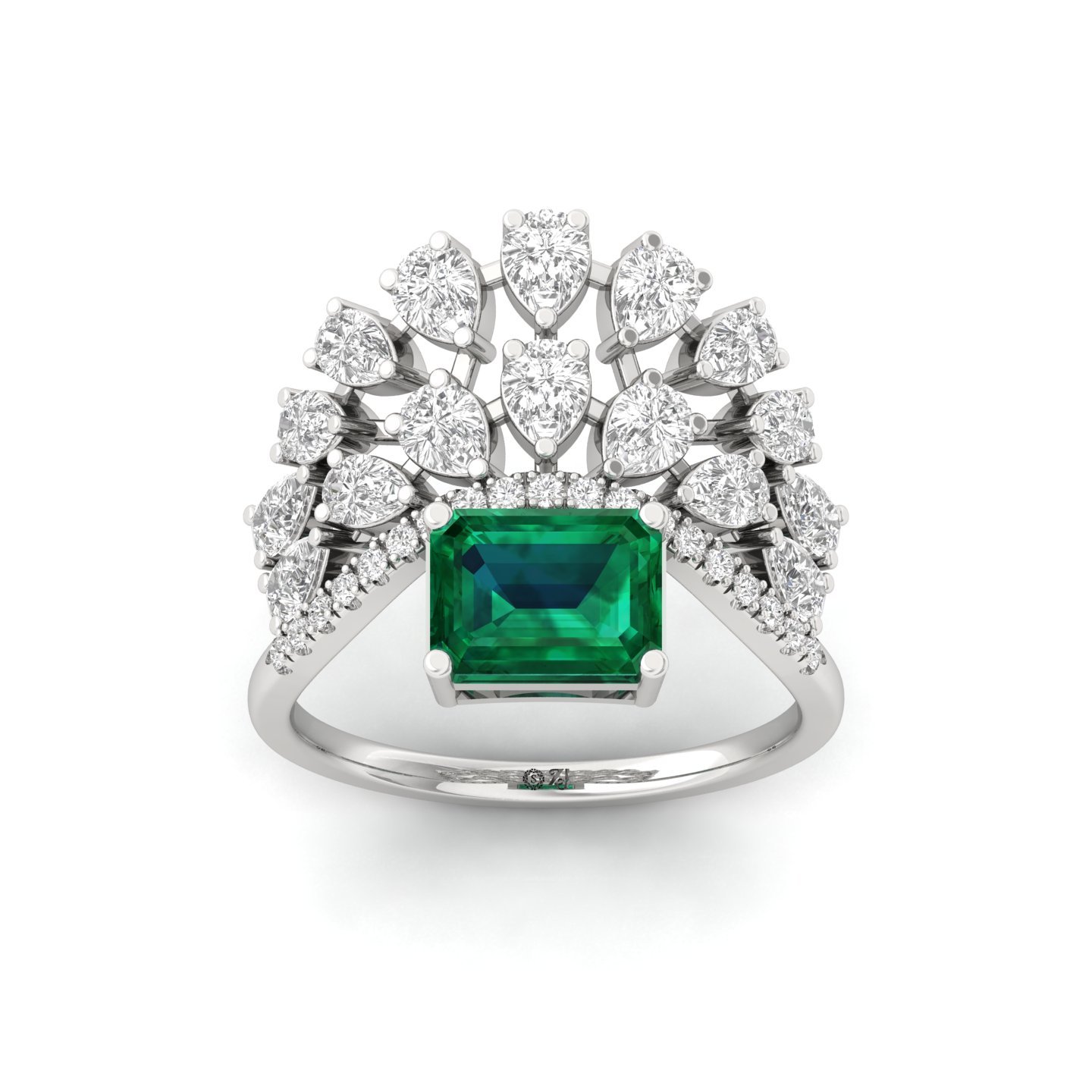 Emerald & Diamond Cluster Cocktail Ring | Lab Grown CVD Diamond Statement Ring | 925 Silver | 10K | 14K | 18K - Main View