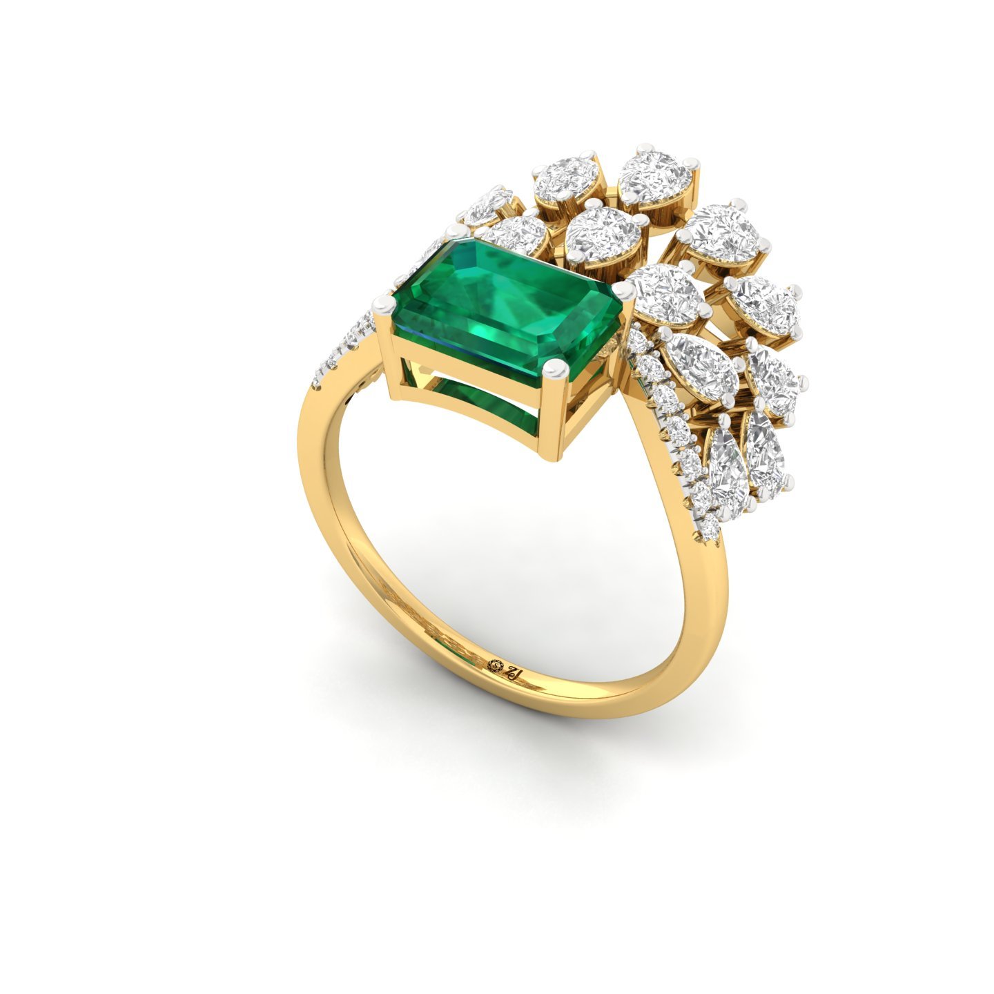 Emerald & Diamond Cluster Cocktail Ring | Lab Grown CVD Diamond Statement Ring | 925 Silver | 10K | 14K | 18K - View 2