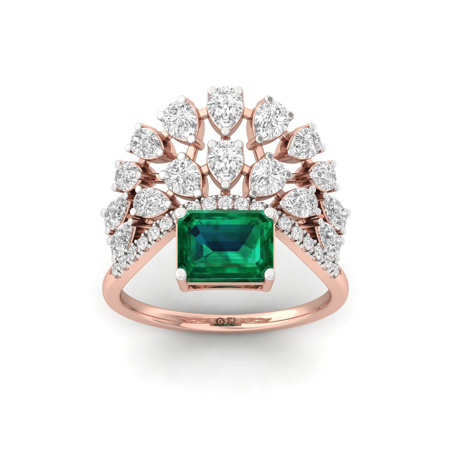 Emerald & Diamond Cluster Cocktail Ring | Lab Grown CVD Diamond Statement Ring | 925 Silver | 10K | 14K | 18K - Rose Gold Main View
