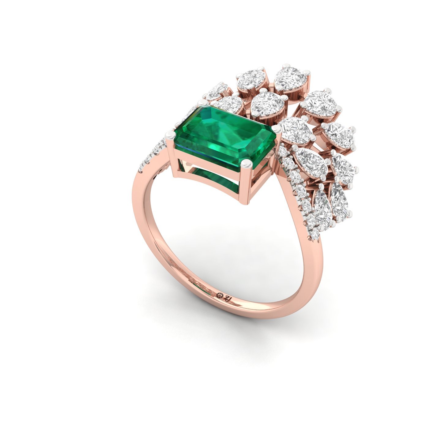 Emerald & Diamond Cluster Cocktail Ring | Lab Grown CVD Diamond Statement Ring | 925 Silver | 10K | 14K | 18K - View 2