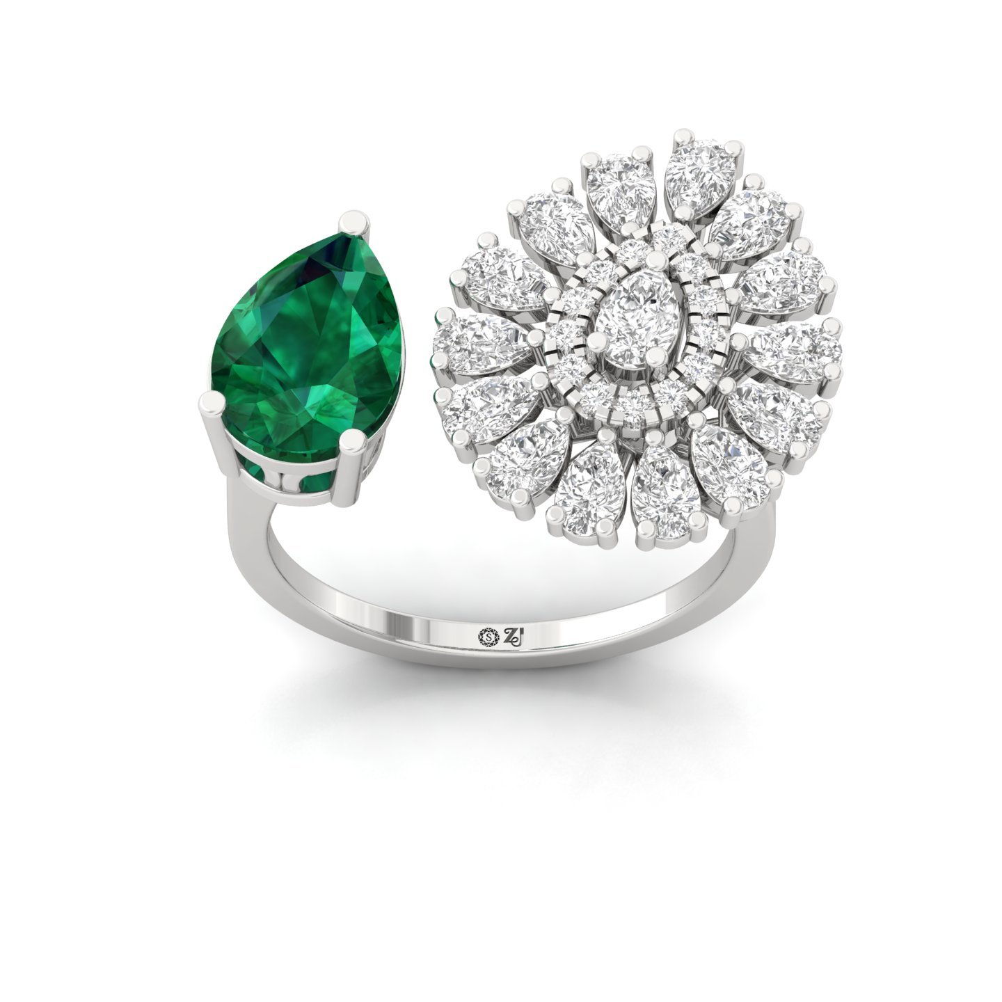 Emerald & Diamond Open-Style Cocktail Ring | Pear Cut Green Stone Statement Ring | Lab Grown CVD Diamonds | 925 Silver | 10K | 14K | 18K - Main View