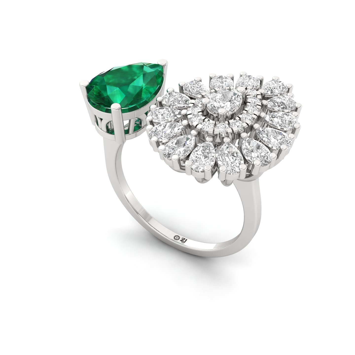 Emerald & Diamond Open-Style Cocktail Ring | Pear Cut Green Stone Statement Ring | Lab Grown CVD Diamonds | 925 Silver | 10K | 14K | 18K - View 2
