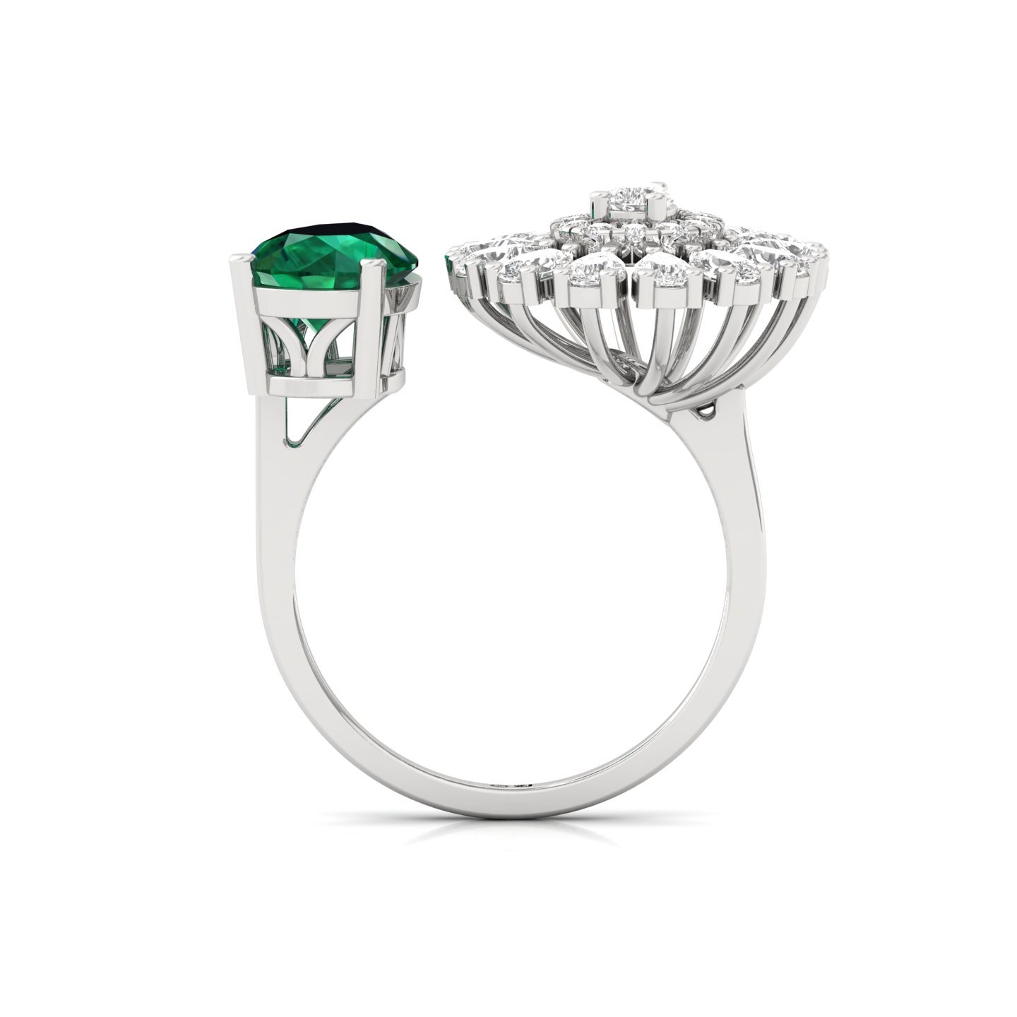 Emerald & Diamond Open-Style Cocktail Ring | Pear Cut Green Stone Statement Ring | Lab Grown CVD Diamonds | 925 Silver | 10K | 14K | 18K - View 3