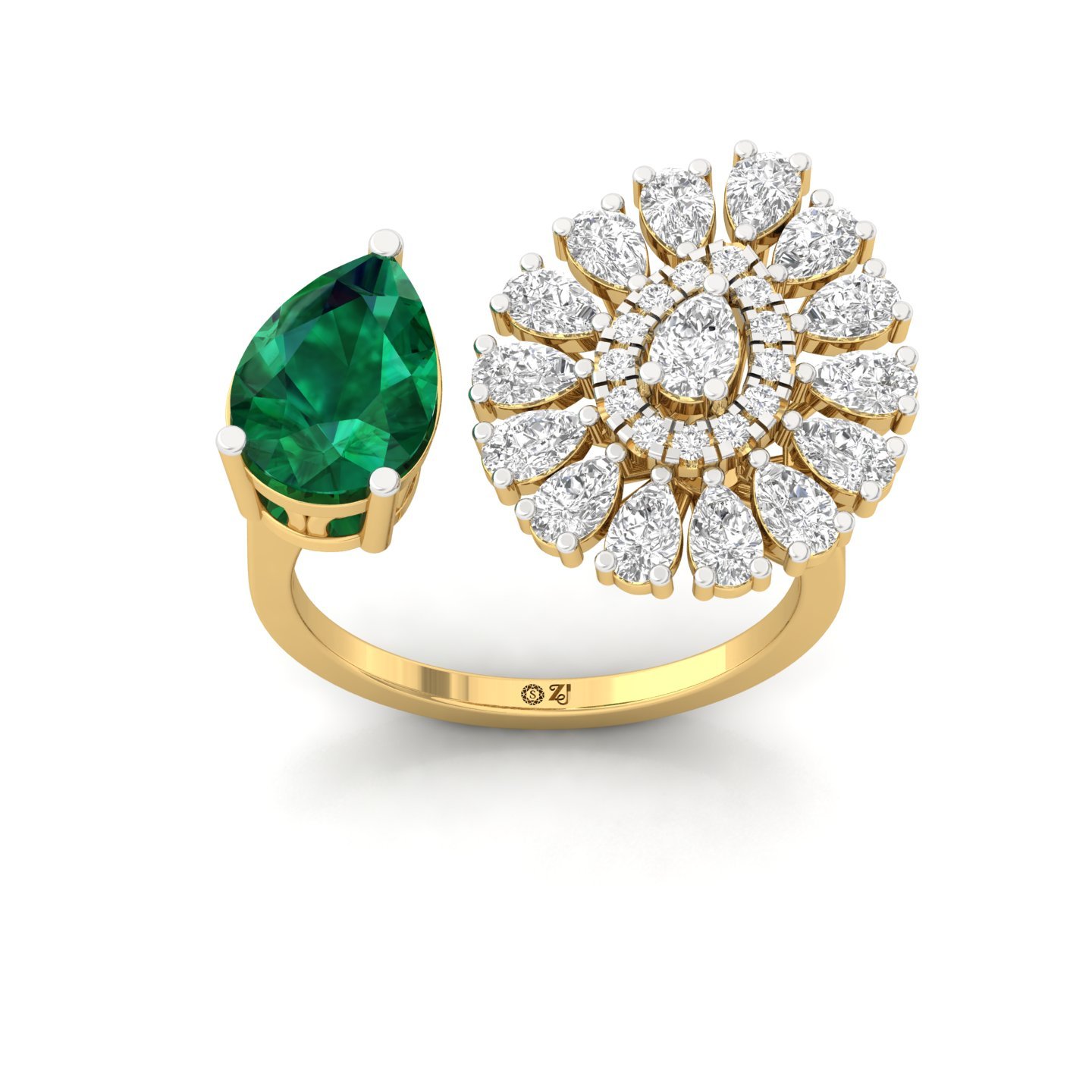 Emerald & Diamond Open-Style Cocktail Ring | Pear Cut Green Stone Statement Ring | Lab Grown CVD Diamonds | 925 Silver | 10K | 14K | 18K - Gold Main View