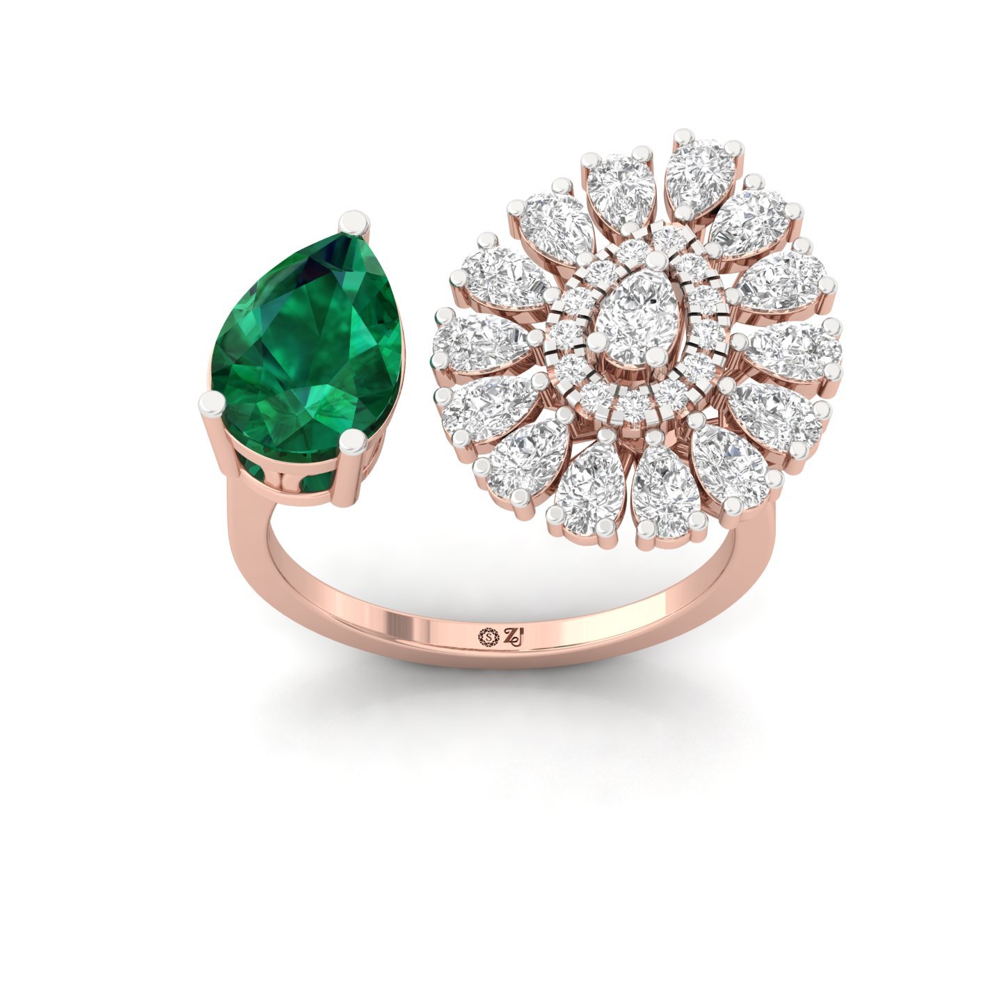 Emerald & Diamond Open-Style Cocktail Ring | Pear Cut Green Stone Statement Ring | Lab Grown CVD Diamonds | 925 Silver | 10K | 14K | 18K - Rose Gold Main View