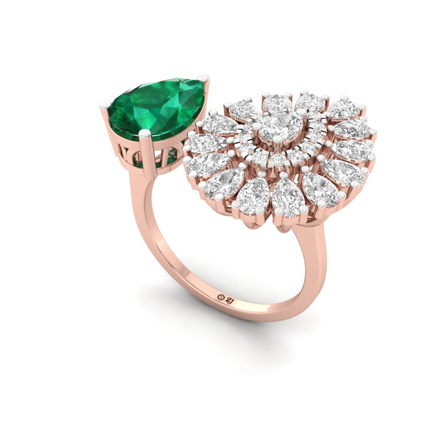 Emerald & Diamond Open-Style Cocktail Ring | Pear Cut Green Stone Statement Ring | Lab Grown CVD Diamonds | 925 Silver | 10K | 14K | 18K - View 2