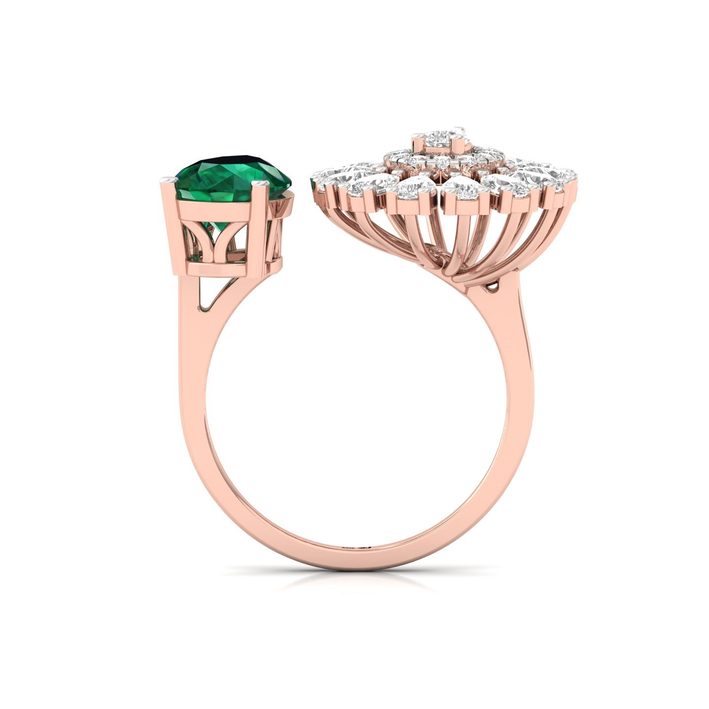 Emerald & Diamond Open-Style Cocktail Ring | Pear Cut Green Stone Statement Ring | Lab Grown CVD Diamonds | 925 Silver | 10K | 14K | 18K - View 3