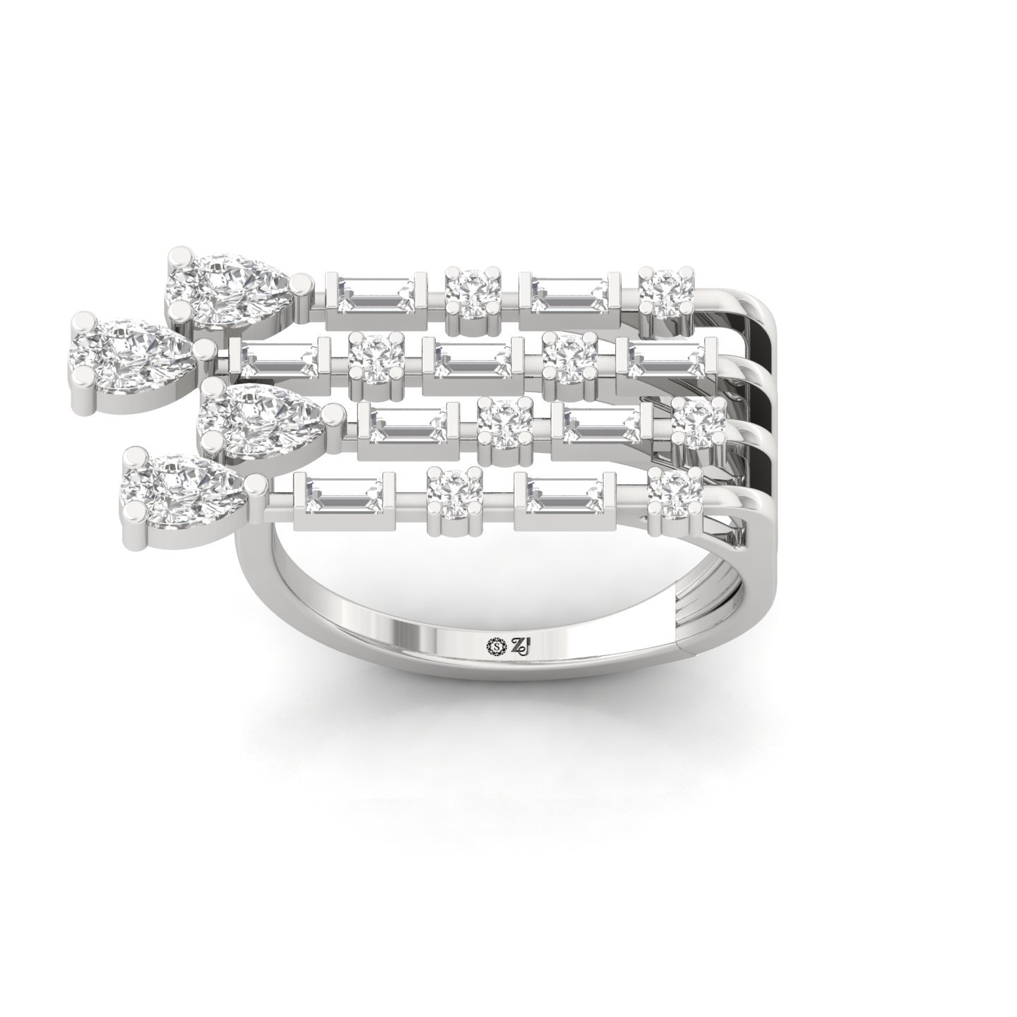 Pear, Baguette & Round Diamond Multi-Row Ring | Lab Grown CVD Diamond Statement Band | 925 Silver | 10K | 14K | 18K - Main View