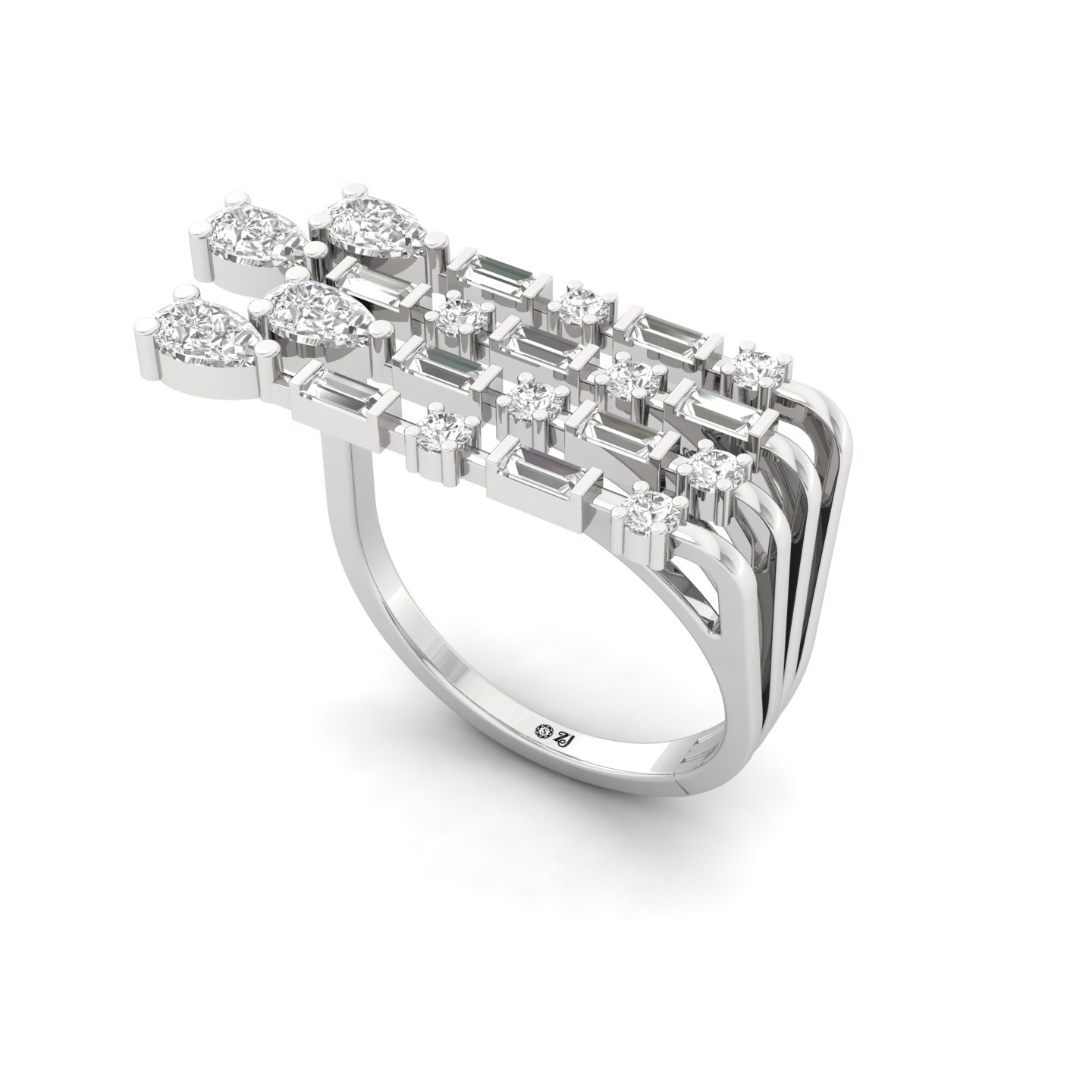 Pear, Baguette & Round Diamond Multi-Row Ring | Lab Grown CVD Diamond Statement Band | 925 Silver | 10K | 14K | 18K - View 2