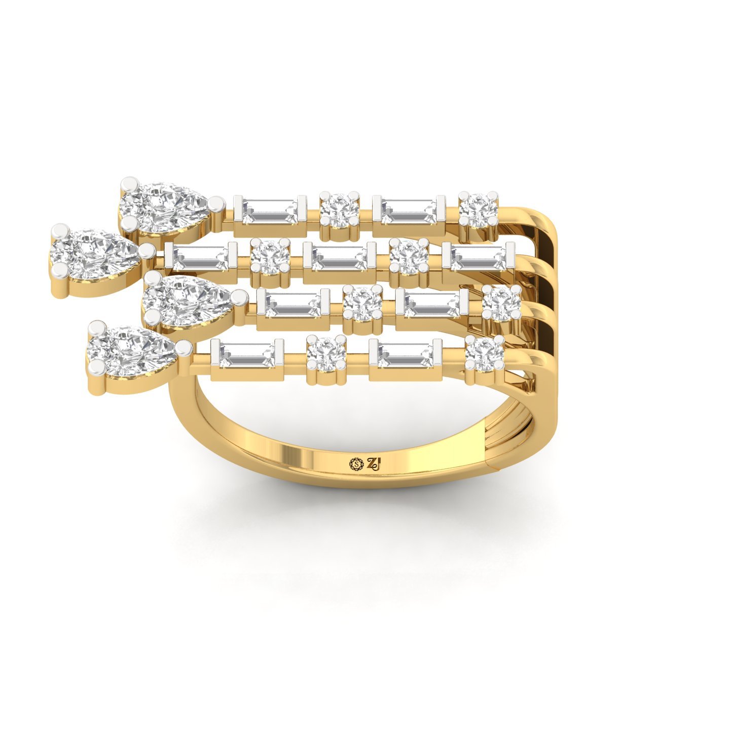 Pear, Baguette & Round Diamond Multi-Row Ring | Lab Grown CVD Diamond Statement Band | 925 Silver | 10K | 14K | 18K - Gold Main View