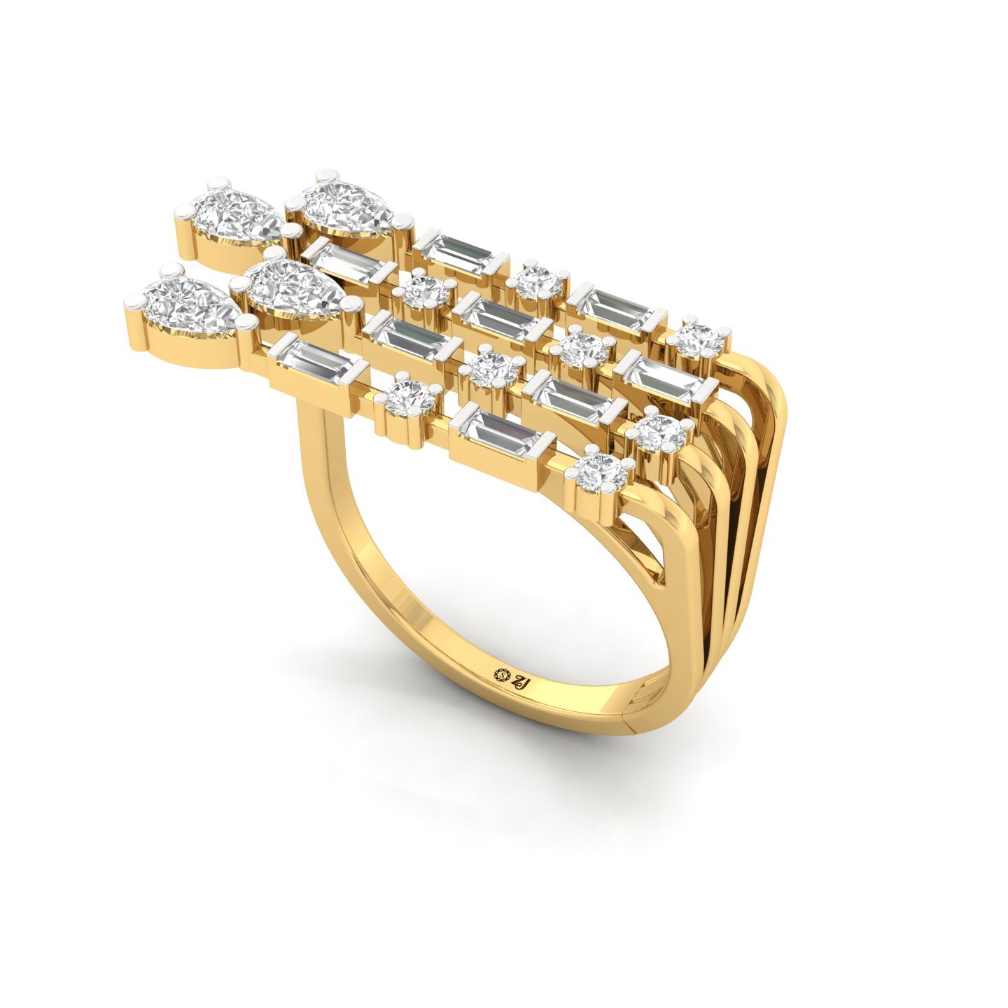 Pear, Baguette & Round Diamond Multi-Row Ring | Lab Grown CVD Diamond Statement Band | 925 Silver | 10K | 14K | 18K - View 2
