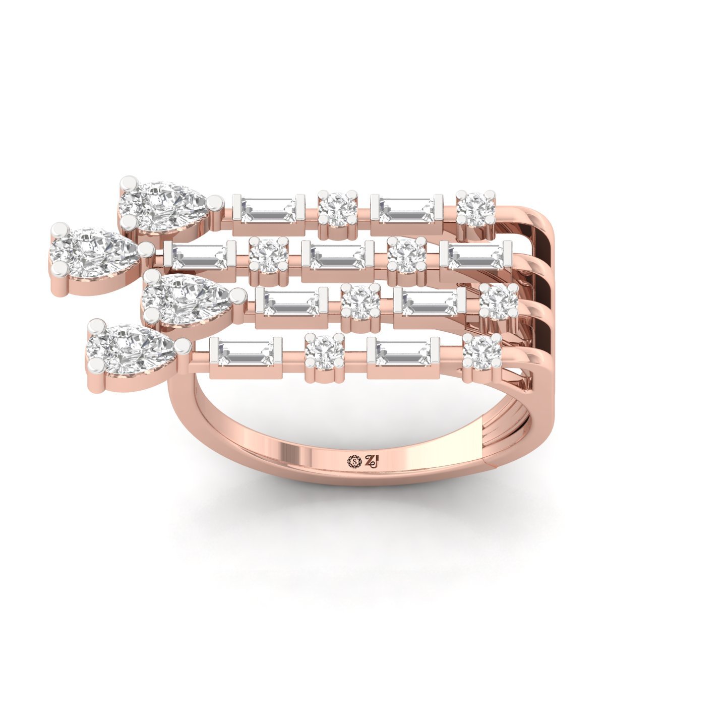 Pear, Baguette & Round Diamond Multi-Row Ring | Lab Grown CVD Diamond Statement Band | 925 Silver | 10K | 14K | 18K - Rose Gold Main View
